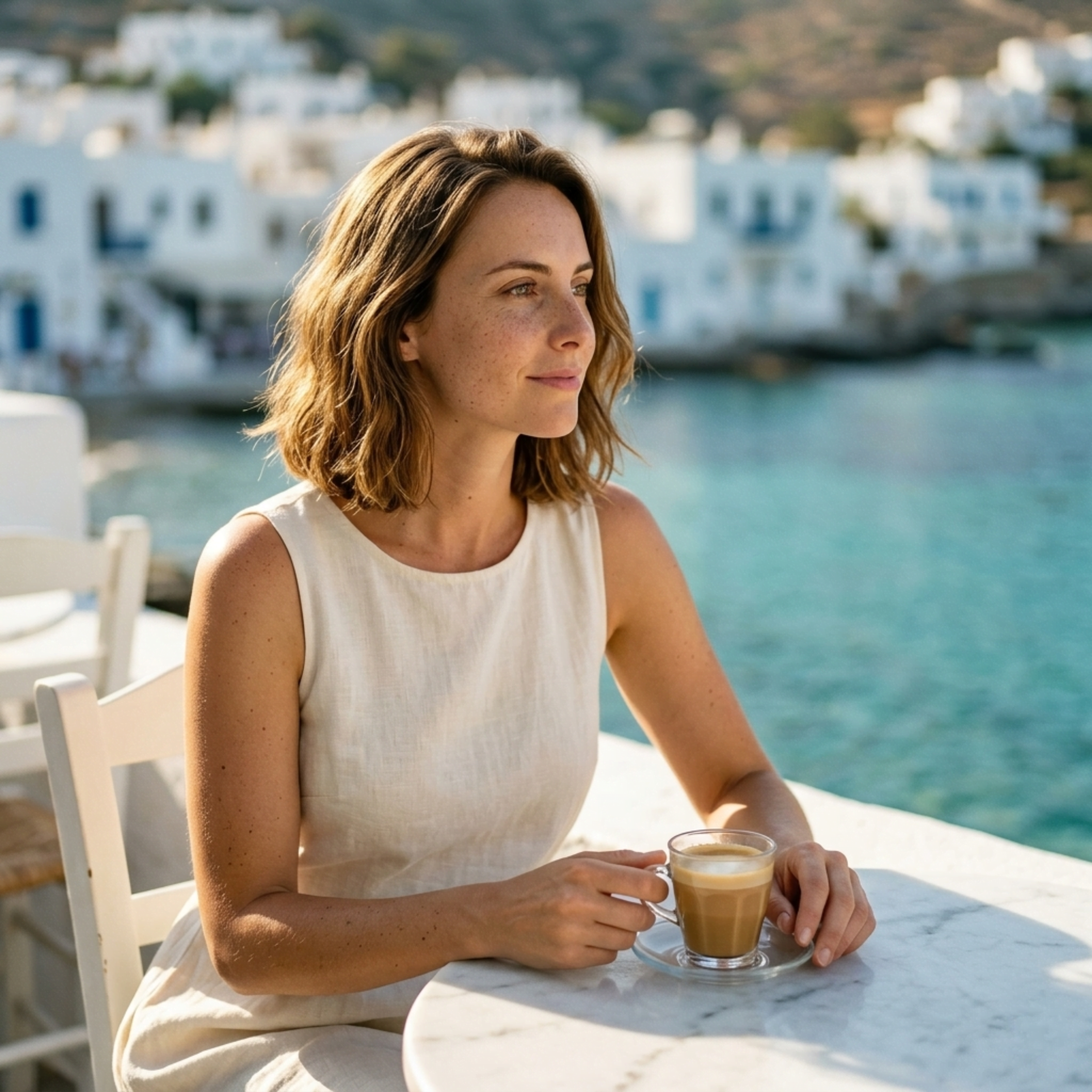 Woman enjoying a blonde espresso at a seaside café overlooking turquoise water, reflecting the smooth, bright character of Neptune’s Nectar light roast espresso by Wonder Waves Coffee.