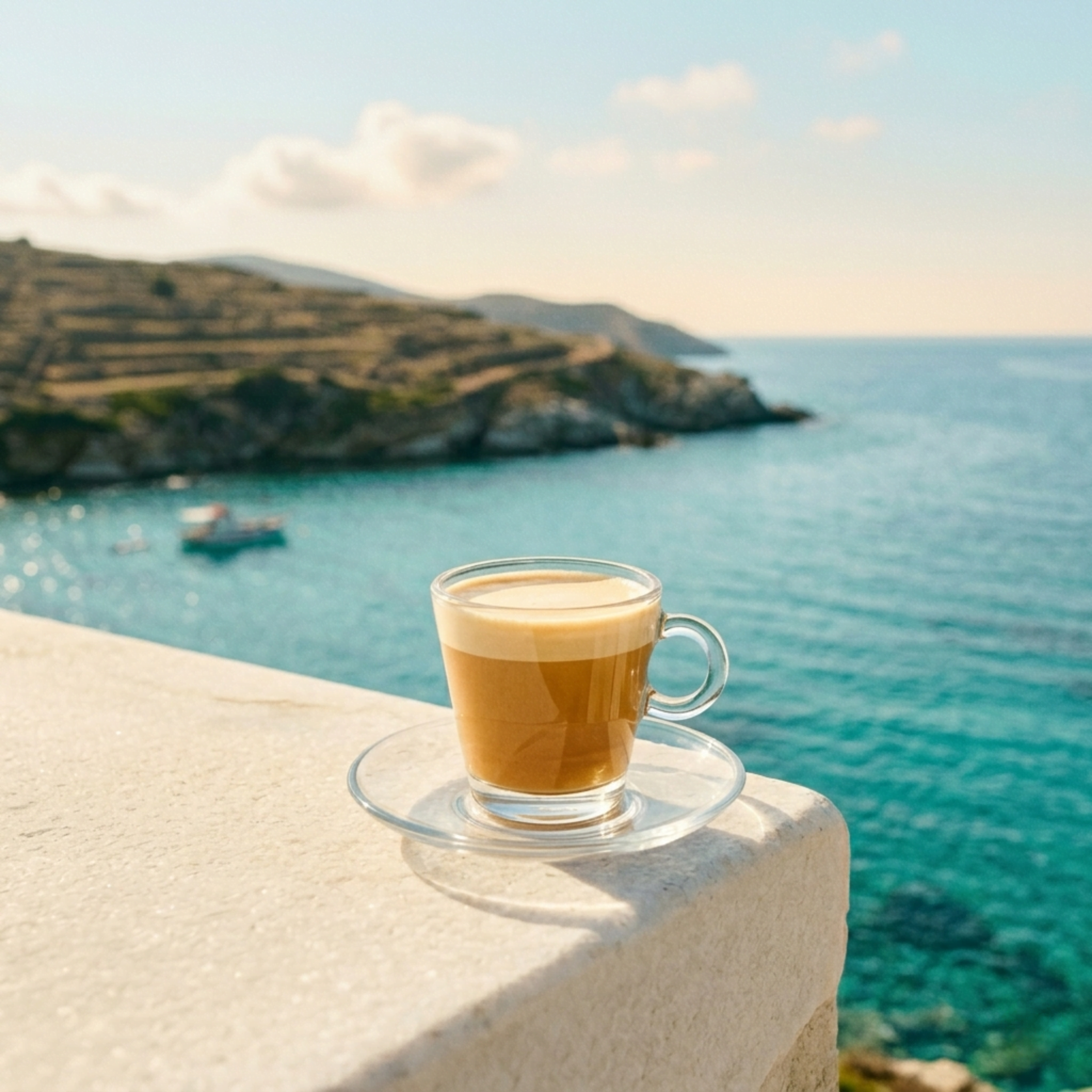 Wonder Waves Coffee blonde espresso in a glass cup on a sunlit ledge overlooking the ocean, highlighting the smooth, mellow profile of Neptune’s Nectar light roast specialty coffee.