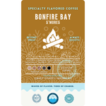 Product label for Wonder Waves Coffee Bonfire Bay S’mores specialty flavored coffee, a cozy medium roast inspired by fireside nights with sweet, toasty, and balanced flavor highlights.