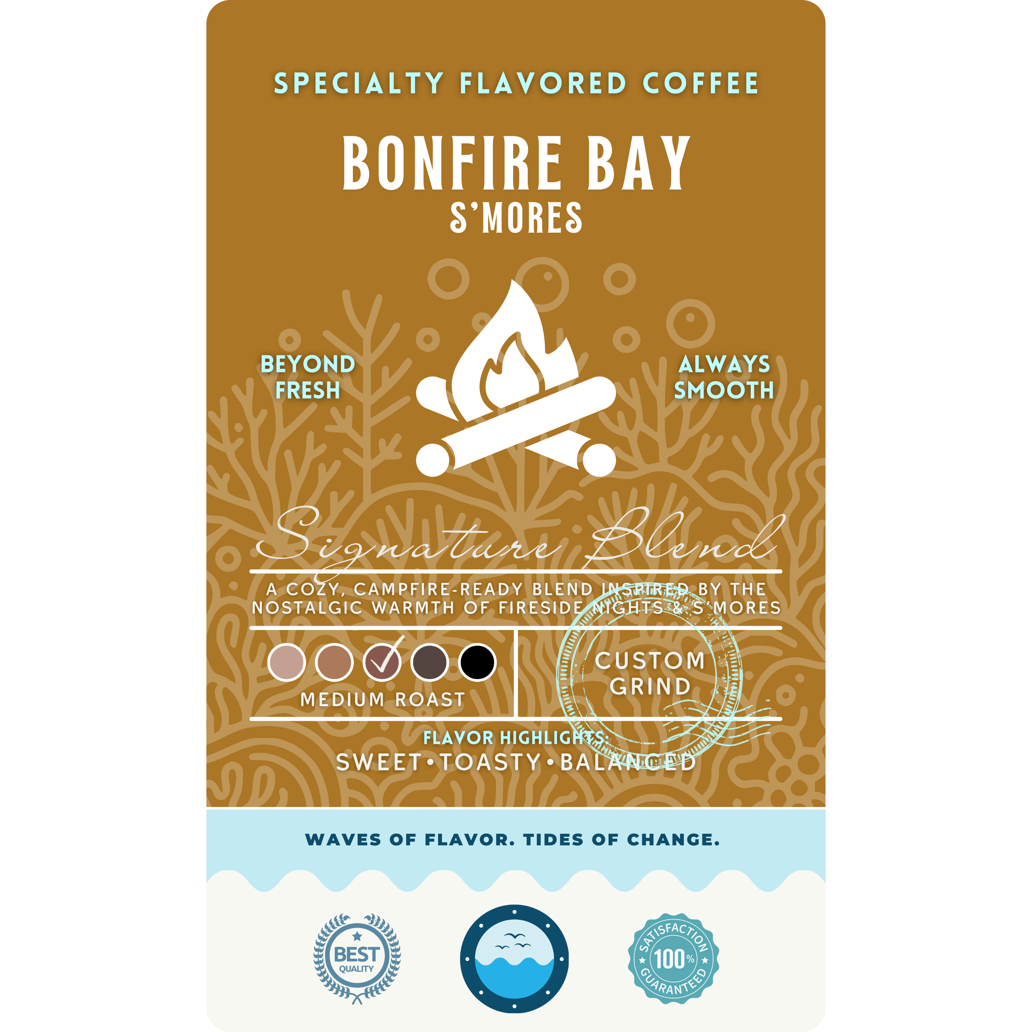 Product label for Wonder Waves Coffee Bonfire Bay S’mores specialty flavored coffee, a cozy medium roast inspired by fireside nights with sweet, toasty, and balanced flavor highlights.