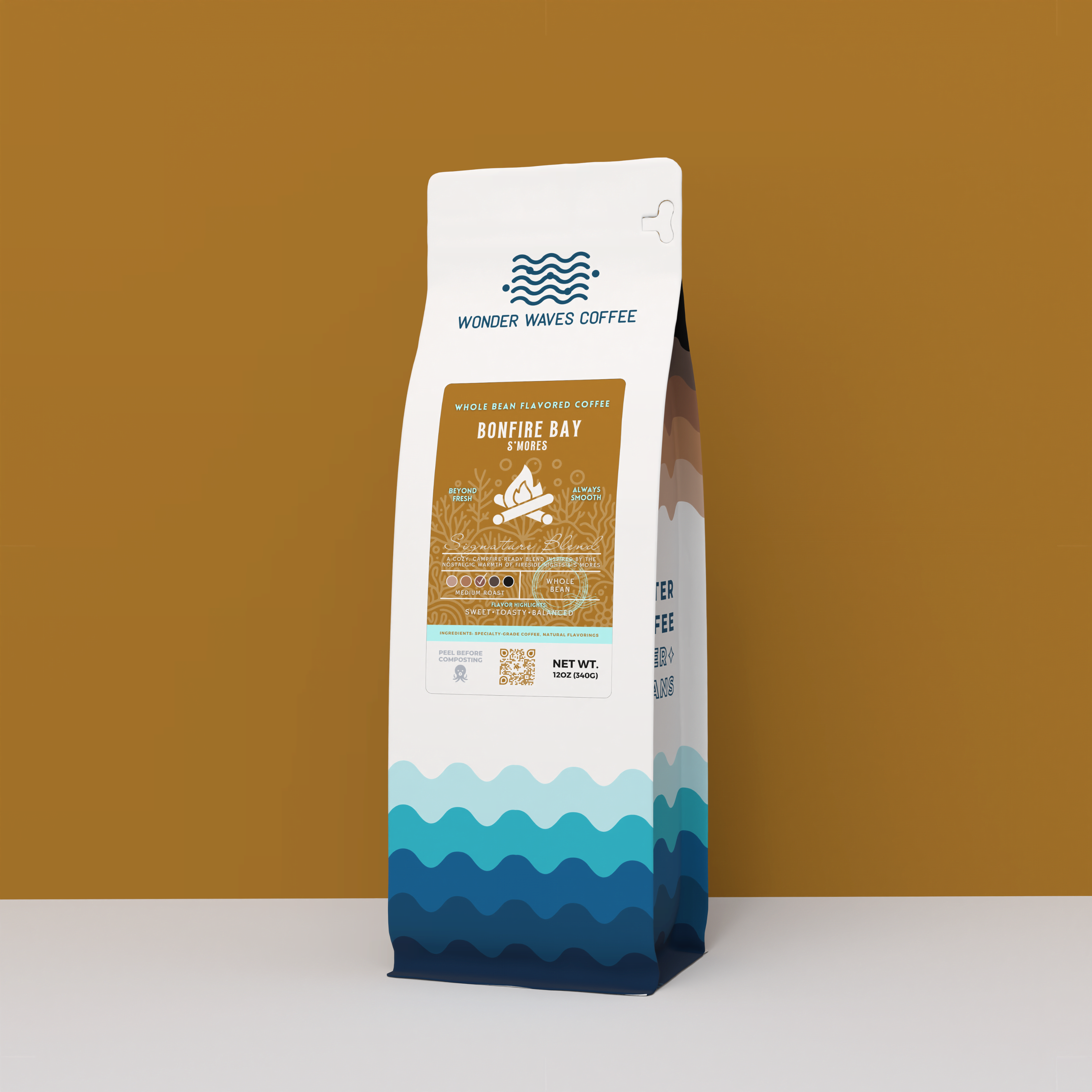 Wonder Waves Coffee Bonfire Bay S’mores flavored coffee 12oz bag with a warm bronze and ocean wave design featuring a campfire icon.