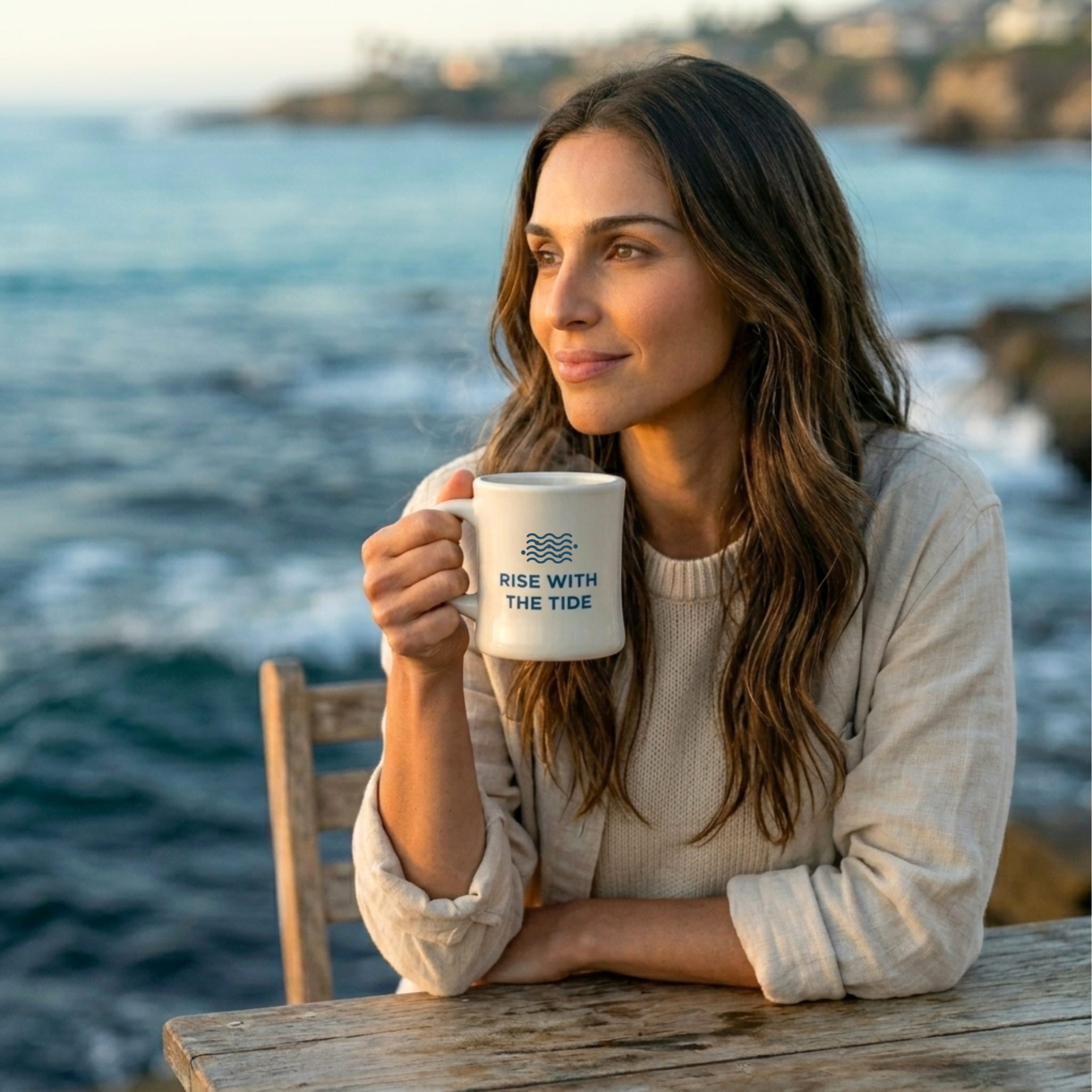 A Wonder Waves brand ambassador enjoying a morning coffee at sunrise by the ocean. She is holding a white-colored ceramic mug featuring the 'Rise with the Tide' wave logo, looking out over a serene coastal landscape with soft golden morning light.