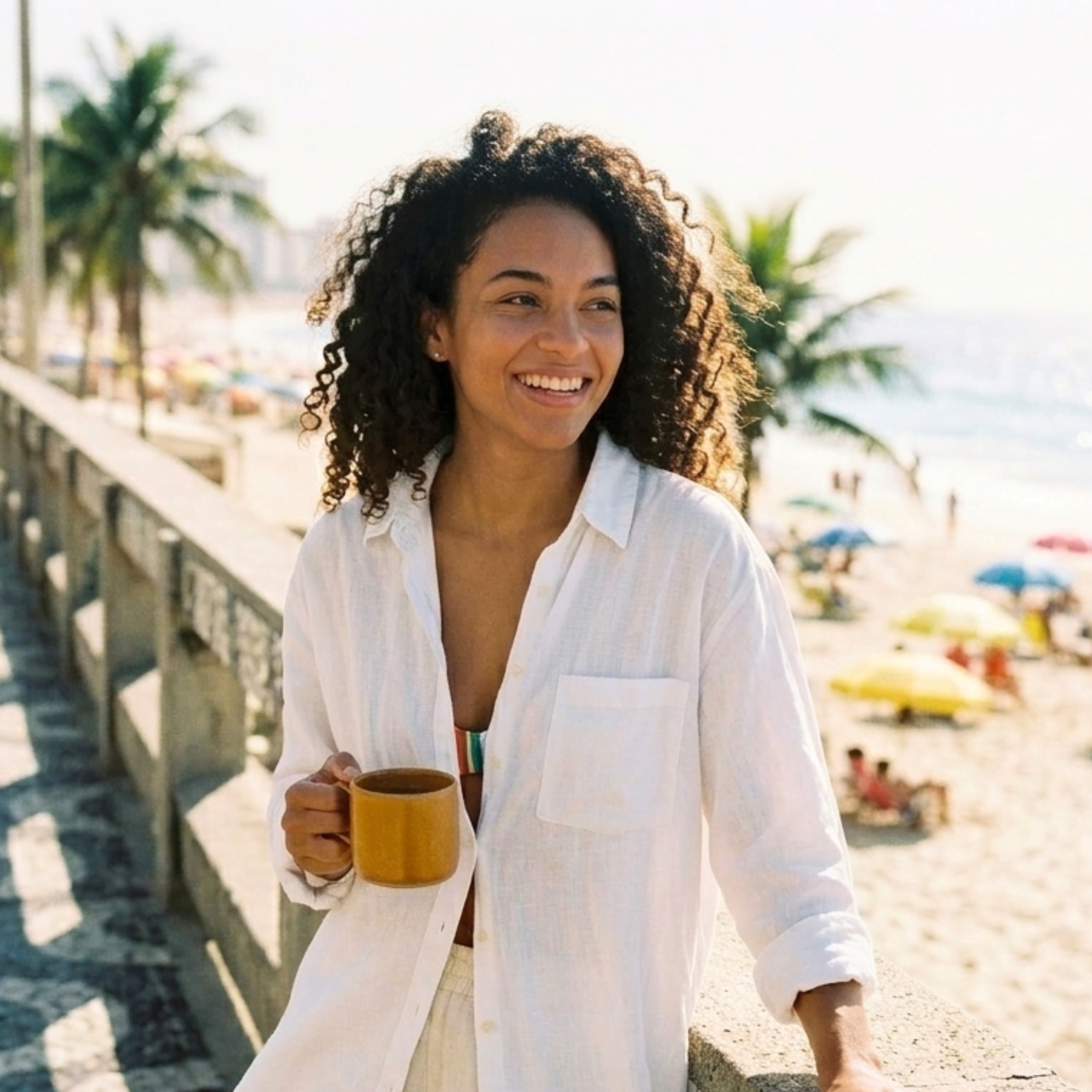Woman enjoying coffee along a sunny beachfront promenade, reflecting the smooth, lively and vibrant character of Wonder Waves Coffee Coastal Carnival Brazilian single origin coffee.
