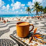 Coffee in a ceramic mug on a mosaic table overlooking a lively Brazilian beach with palm trees, highlighting the smooth, balanced and vibrant profile of Wonder Waves Coffee Coastal Carnival coffee.