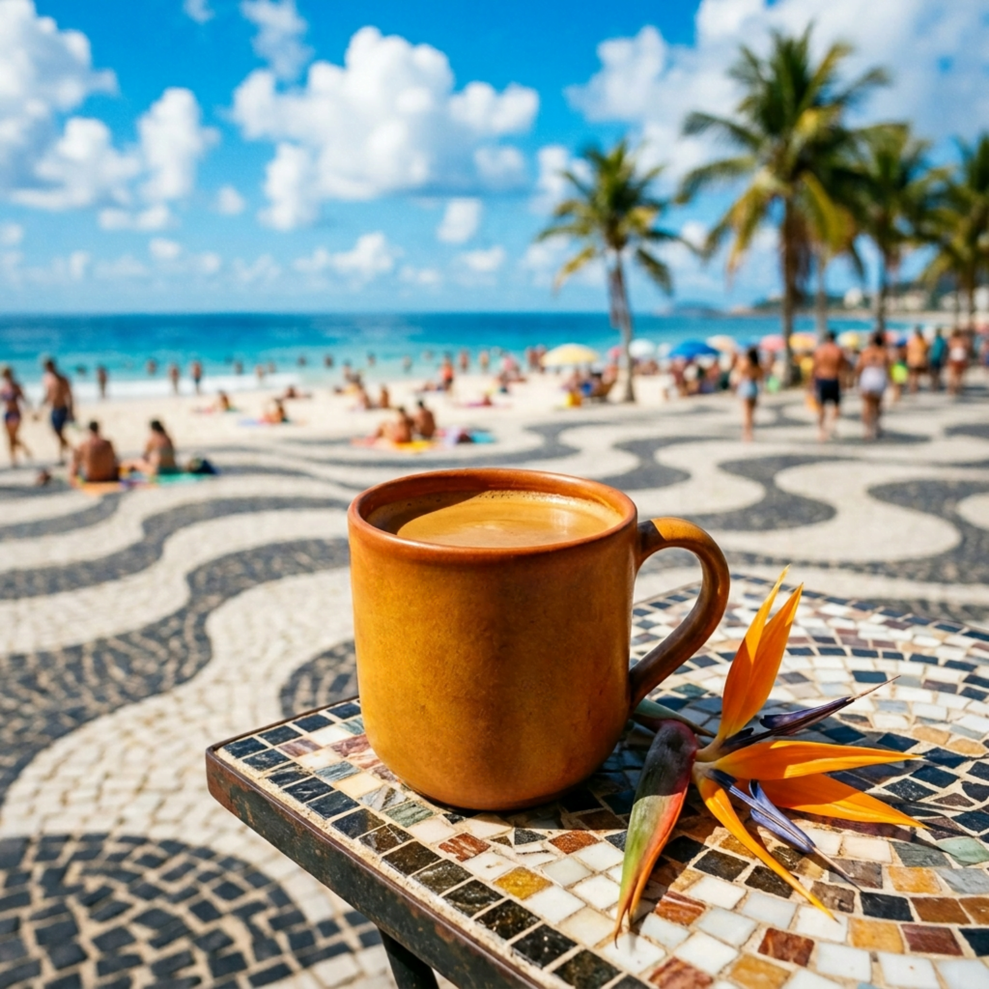 Coffee in a ceramic mug on a mosaic table overlooking a lively Brazilian beach with palm trees, highlighting the smooth, balanced and vibrant profile of Wonder Waves Coffee Coastal Carnival coffee.