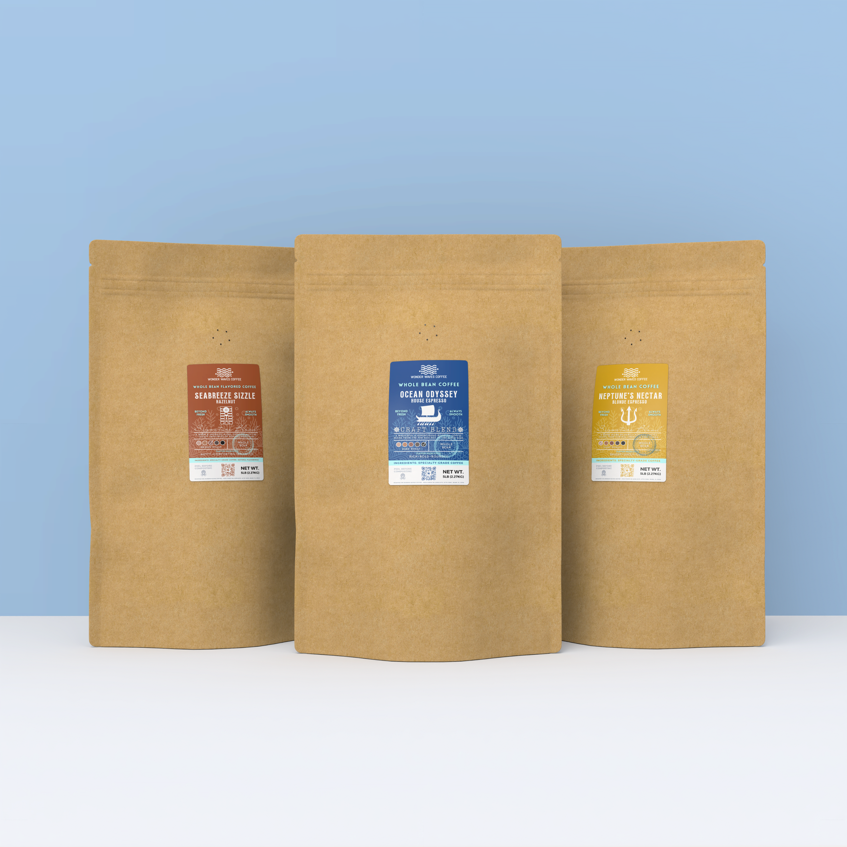 A trio of 5-lb bulk coffee bags featuring Wonder Waves signature blends: Seabreeze Sizzle, Ocean Odyssey House Espresso, and Neptune’s Nectar.