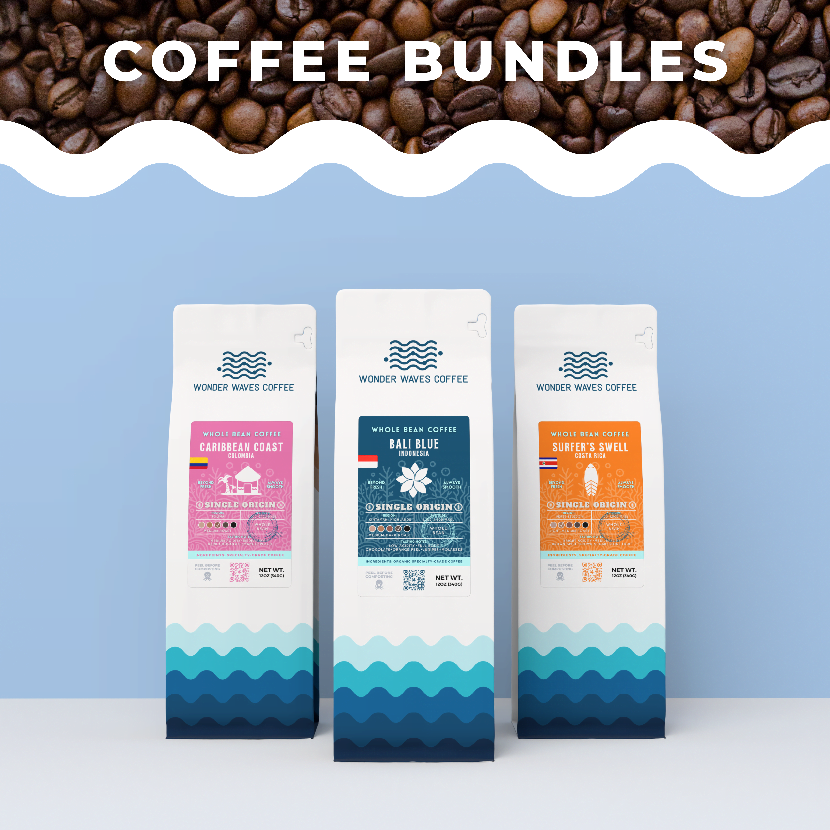 Three Wonder Waves Coffee single origin whole bean coffee bags — Caribbean Coast, Bali Blue, and Surfer's Swell — on a light blue background with Coffee Bundles text overlay
