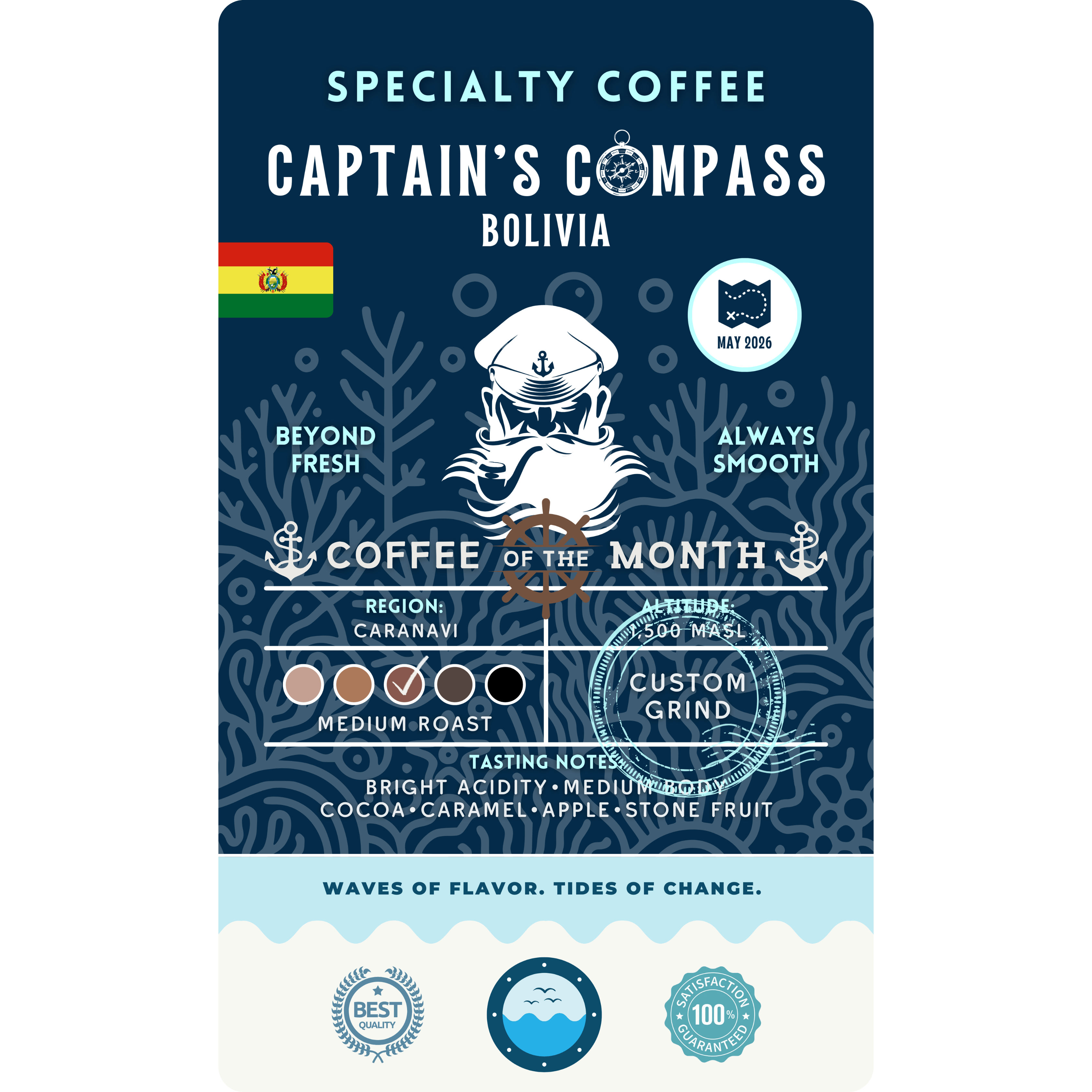 Product label for Wonder Waves "Captain's Compass" Coffee of the Month featuring Bolivia Caranavi District beans. The navy blue label shows a white sea captain illustration and the Rwanda flag. It is a medium roast with bright acidity and tasting notes of cocoa, caramel, apples, and stone fruit, grown at 1,500 MASL.