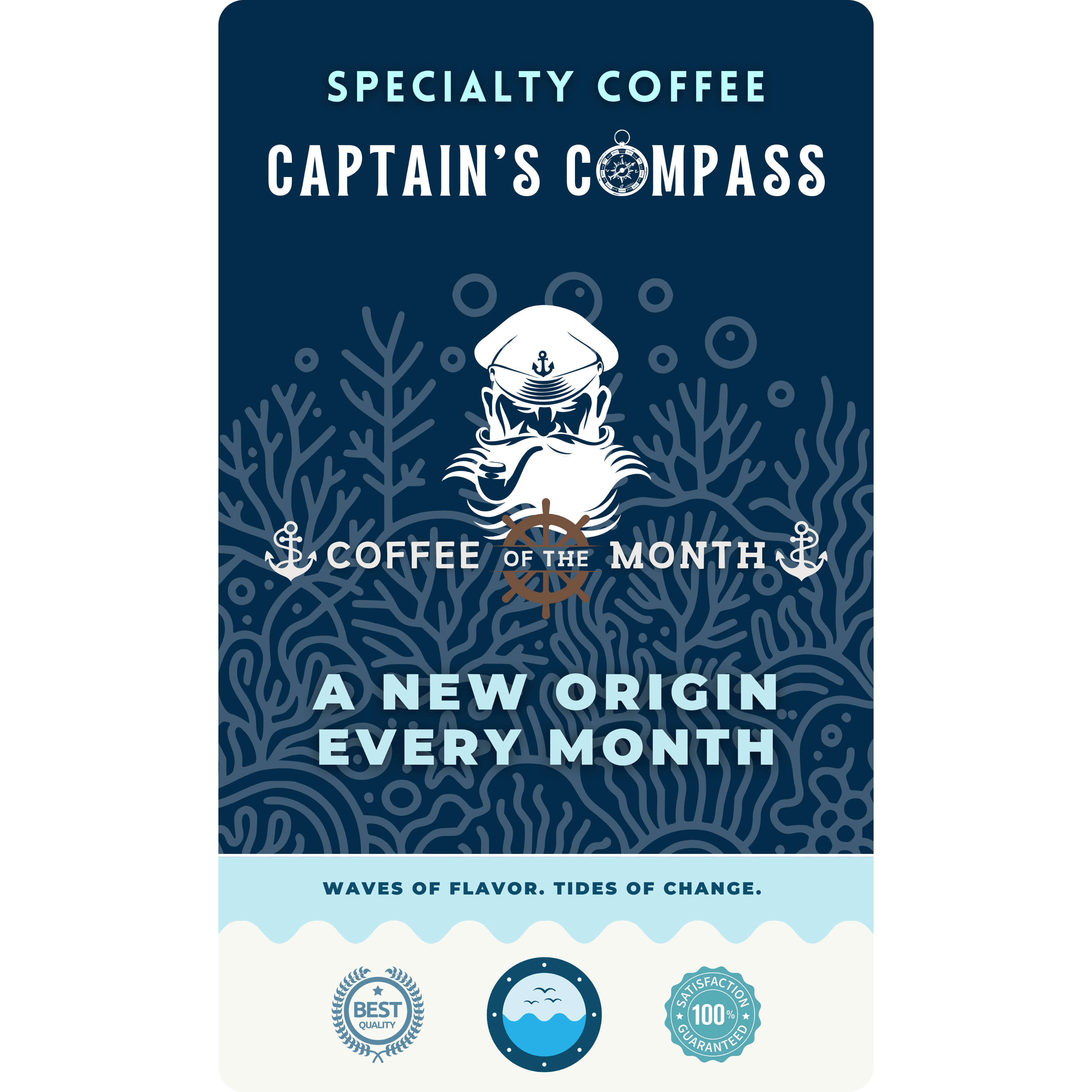 Product label for Wonder Waves Coffee "Captain's Compass" Coffee of the Month subscription. The design features a nautical illustration of a bearded sea captain with a pipe and ship’s wheel against a navy blue coral reef background. Text reads "A New Origin Every Month" and includes the brand mission "Waves of Flavor, Tides of Change."