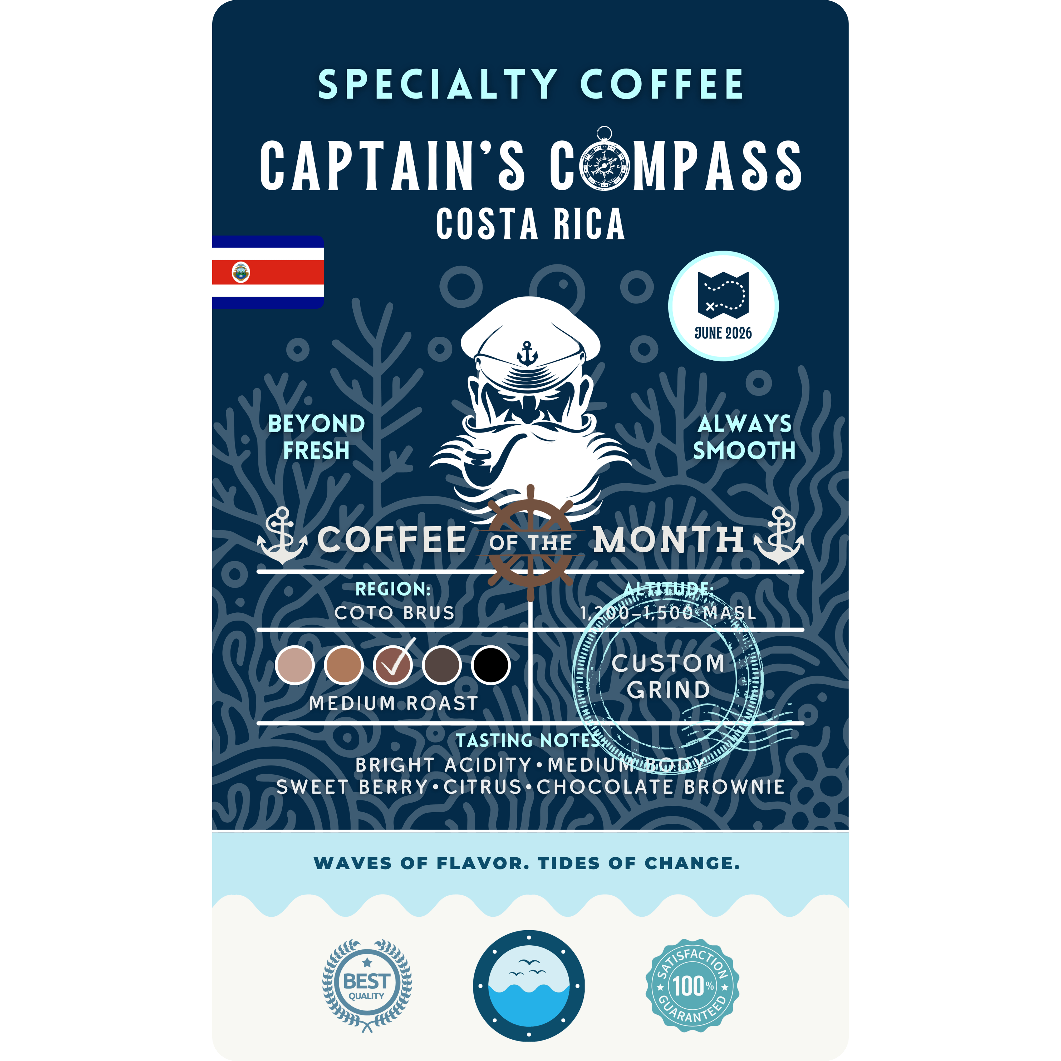 Product label for Wonder Waves "Captain's Compass" Coffee of the Month featuring Costa Rica Coto Brus beans. The navy blue label shows a white sea captain illustration and the Costa Rica flag. It is a medium roast with bright acidity and tasting notes of sweet berry, citrus, and chocolate brownie, grown at 1,200–1,500 MASL.