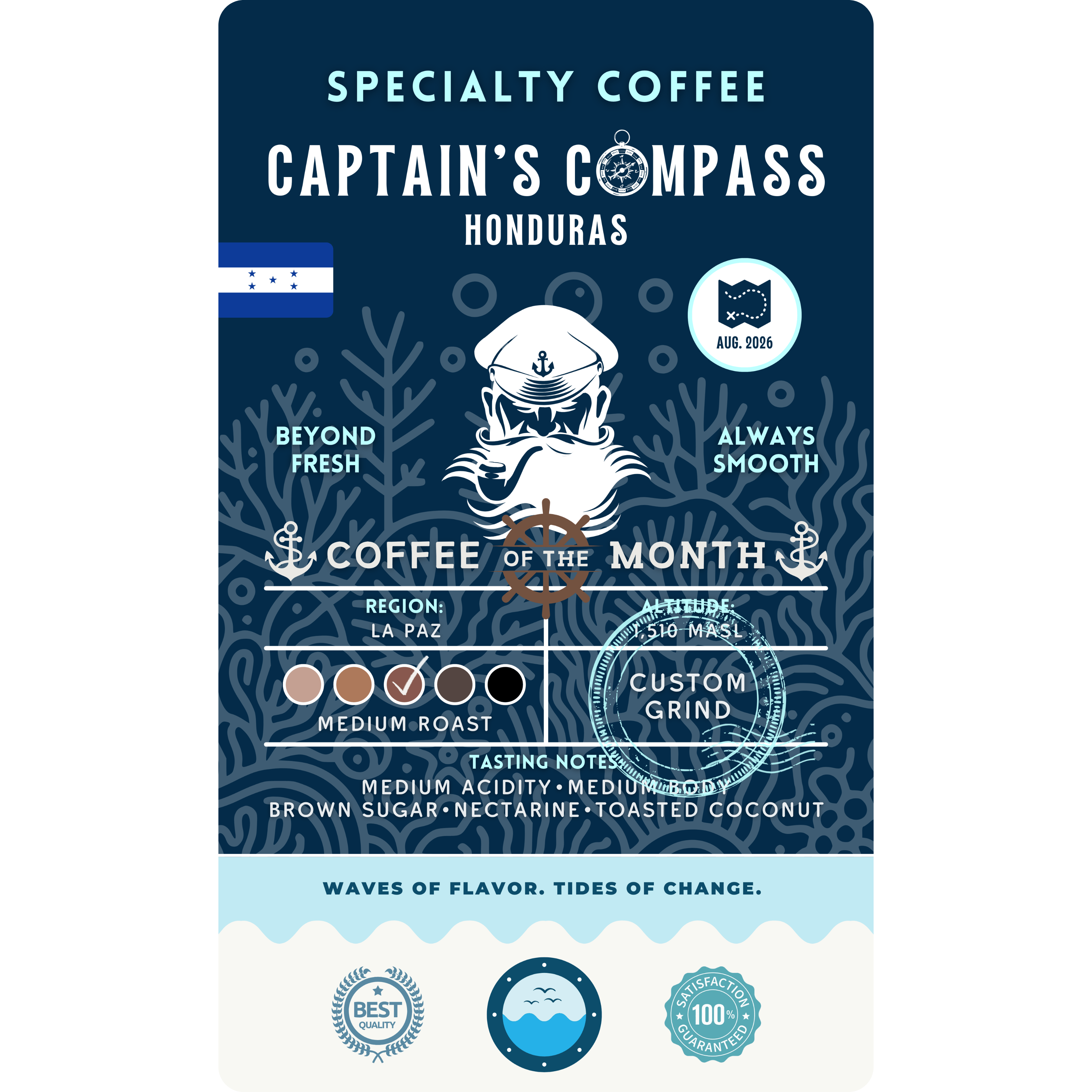 Product label for Wonder Waves Coffee "Captain's Compass" Coffee of the Month featuring Honduras La Paz beans. The navy blue label shows a white sea captain illustration and the Honduran flag. It is a medium roast with medium acidity and tasting notes of brown sugar, nectarine, and toasted coconut, grown at 1,510 MASL.