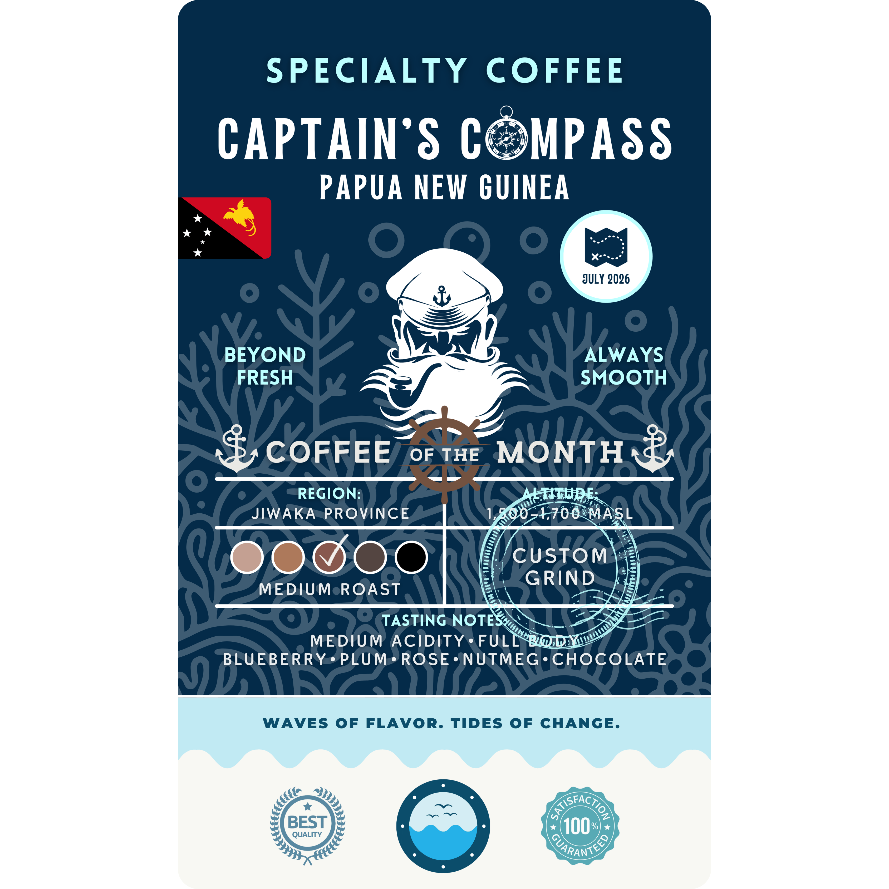Product label for Wonder Waves Coffee "Captain's Compass" Coffee of the Month featuring Papua New Guinea Jiwaka Province beans. The navy blue label shows a white sea captain illustration and the Papua New Guinea flag. It is a medium roast with medium acidity and tasting notes of blueberry, plum, rose, nutmeg, and chocolate, grown at 1,500–1,700 MASL.