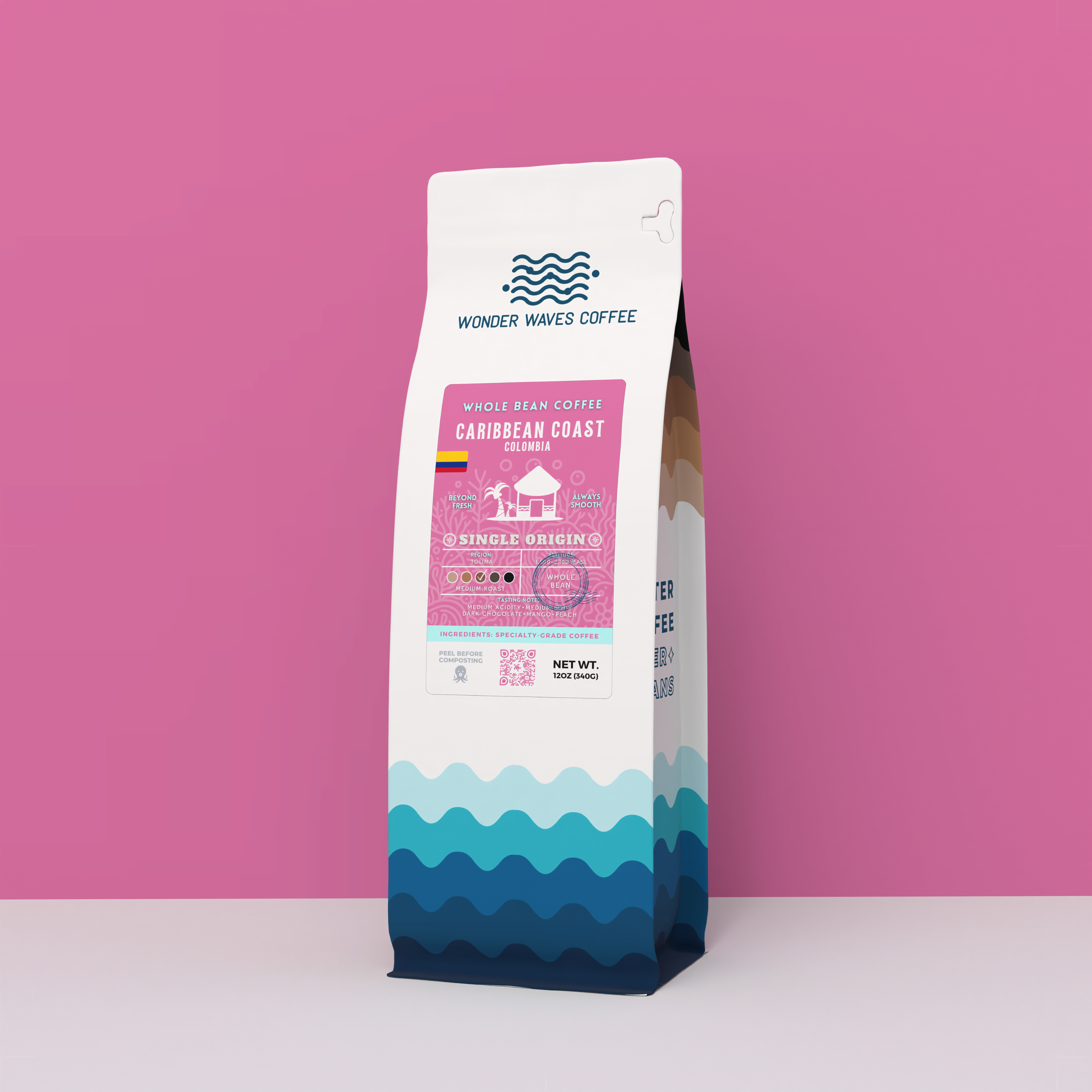 Wonder Waves Coffee Caribbean Coast Colombia 12oz bag. A single origin medium roast coffee with a vibrant pink and tropical wave design featuring a beach hut icon.