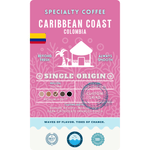 Product label for Wonder Waves Coffee Caribbean Coast Colombia Single Origin coffee from the Tolima region. Altitude 1,500–2,100 MASL with tasting notes of dark chocolate, mango, and peach.