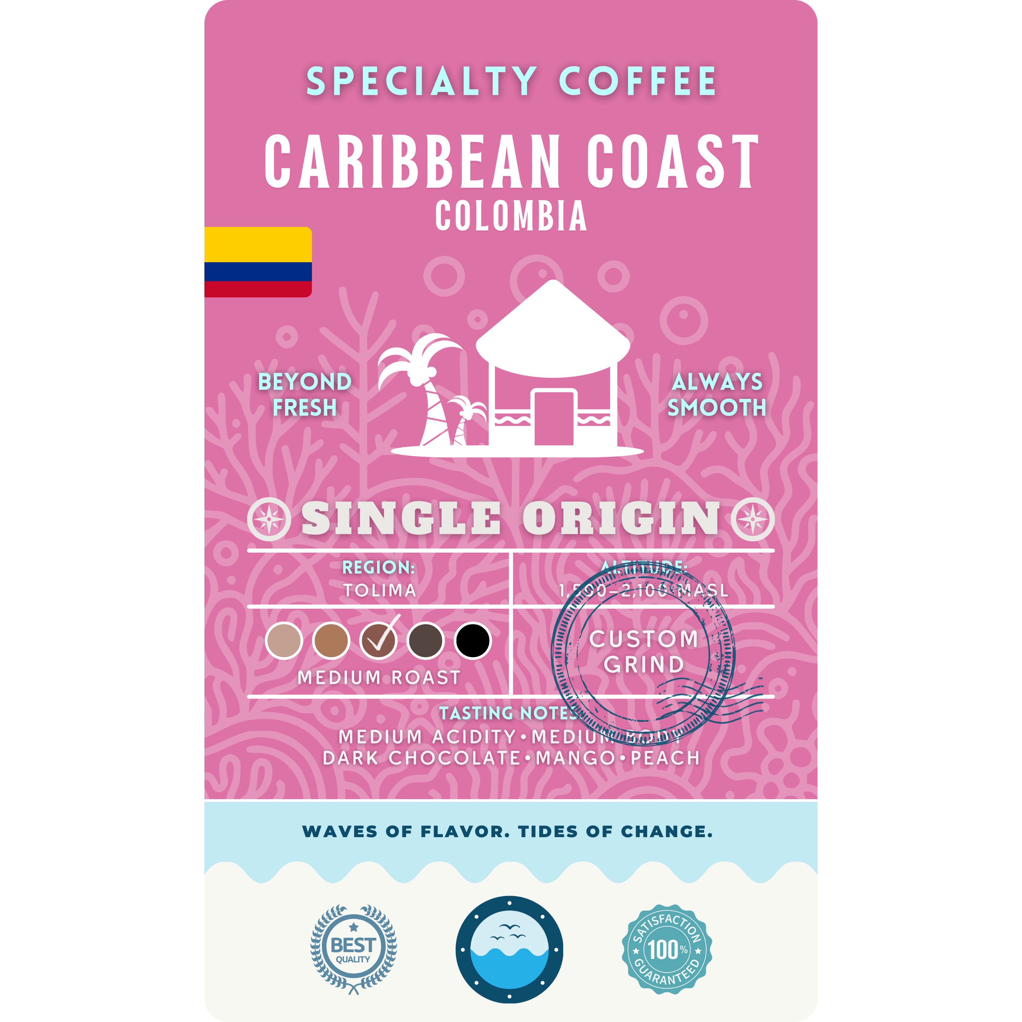 Product label for Wonder Waves Coffee Caribbean Coast Colombia Single Origin coffee from the Tolima region. Altitude 1,500–2,100 MASL with tasting notes of dark chocolate, mango, and peach.