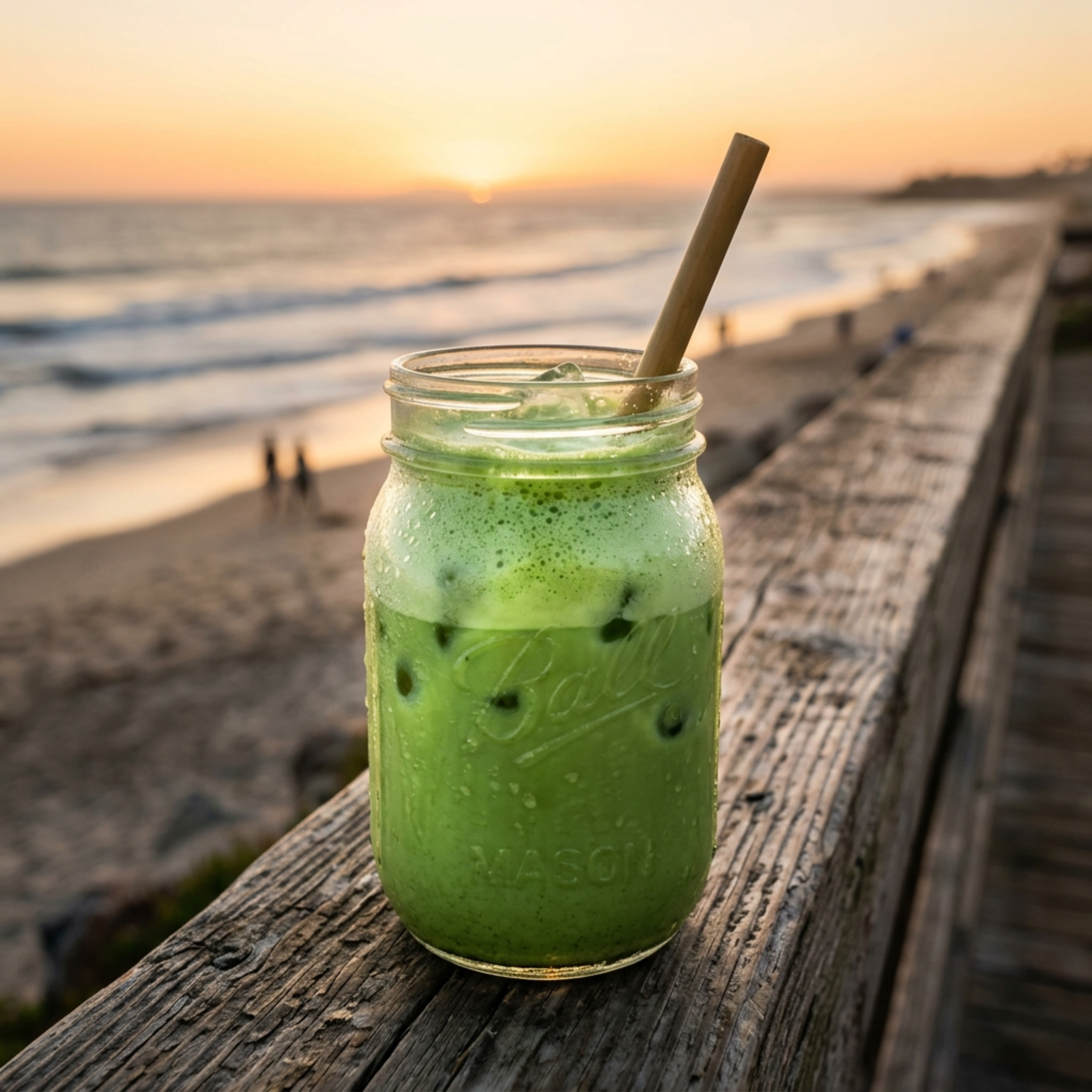 Refreshing Wonder Waves Coffee iced ceremonial matcha latte with condensation on a mason jar and a sustainable bamboo straw. High-fidelity lifestyle shot on a beach boardwalk during a sunset at the coast.