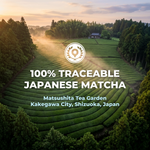 Aerial view of lush green terraced tea fields at Matsushita Tea Garden in Kakegawa City, Shizuoka, Japan. Text overlay highlights "100% TRACEABLE JAPANESE MATCHA" with a location pin icon.
