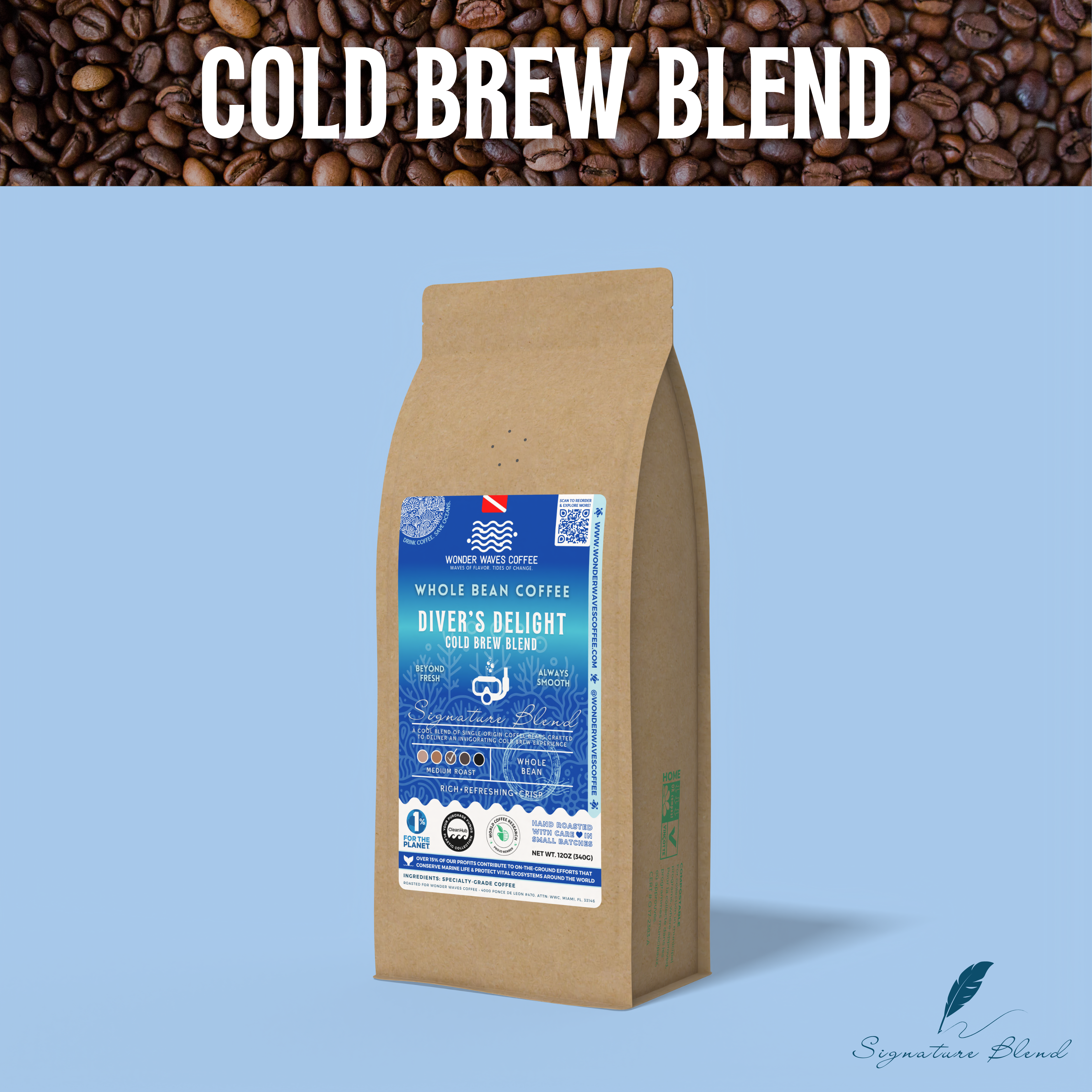 Whole Bean Coffee bag for Wonder Waves Coffee featuring Diver's Delight Cold Brew Blend with a blue background and eco-friendly packaging