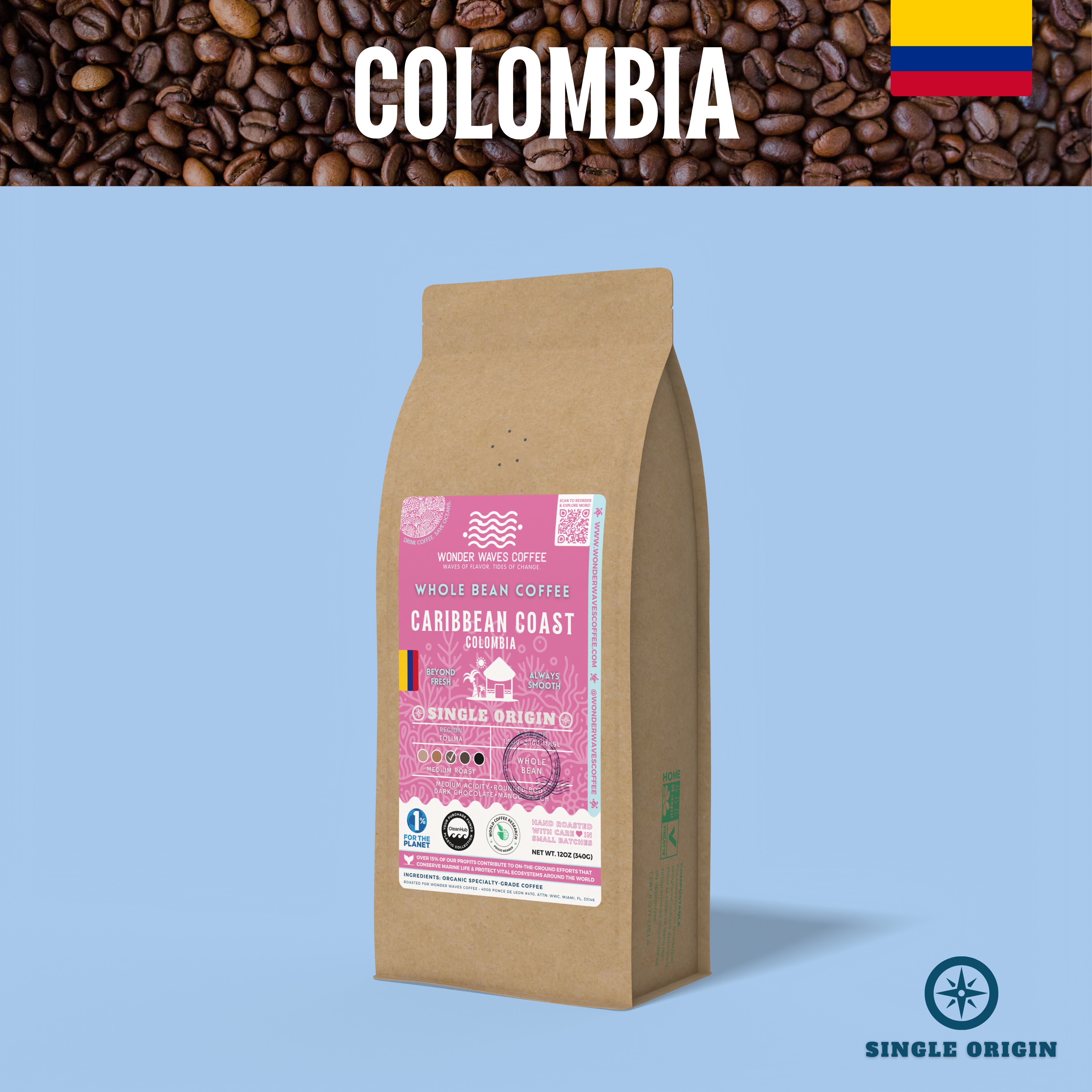 Whole Bean Coffee from Wonder Waves featuring Caribbean Coast Colombian blend with a pink background and sustainable packaging