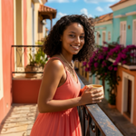 Woman enjoying coffee on a balcony in a vibrant Caribbean town, reflecting the bright, balanced and refreshing profile of Wonder Waves Coffee Caribbean Coast Colombian coffee.