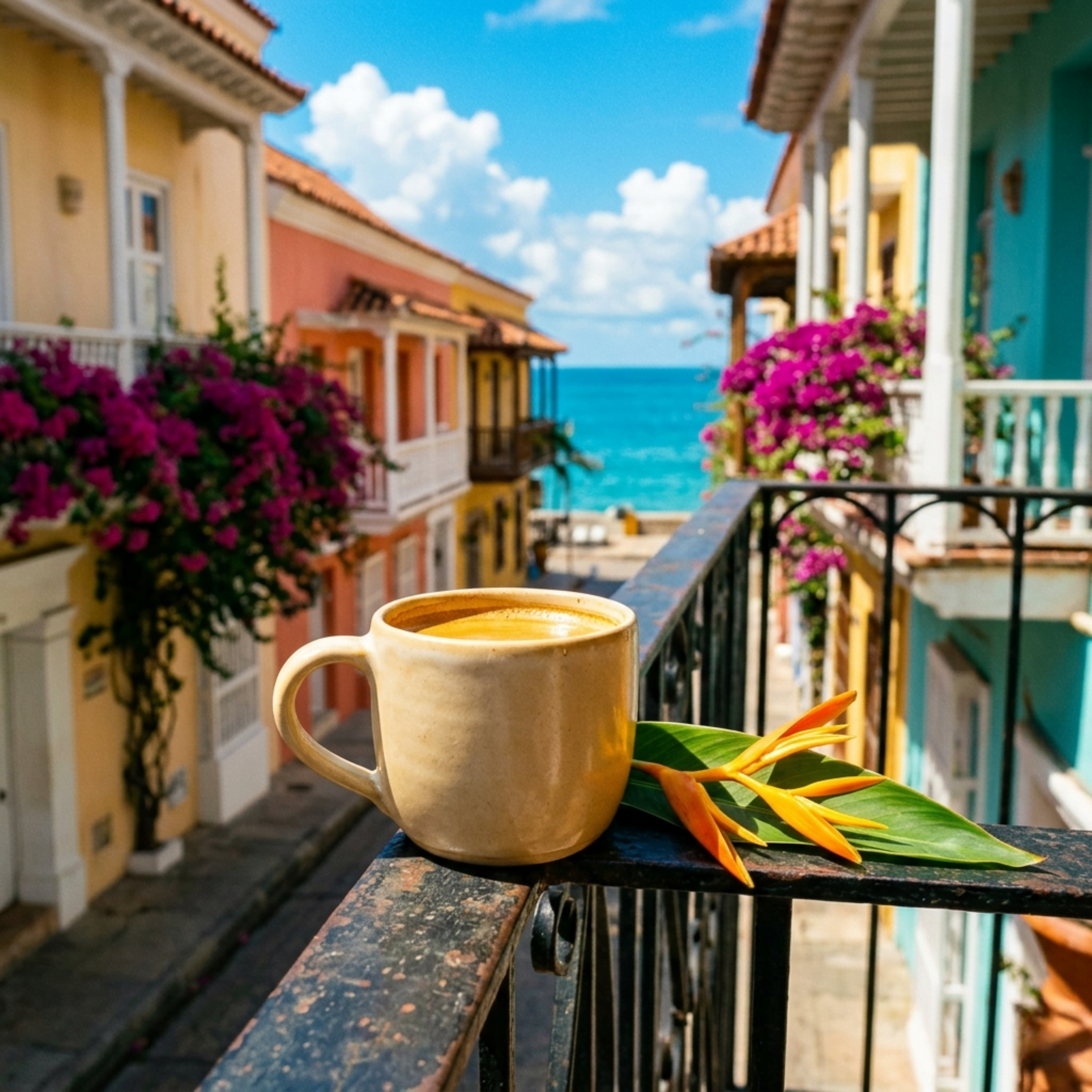 Coffee in a ceramic mug overlooking a colorful Caribbean coastal street and ocean, highlighting the bright, smooth and lively character of Wonder Waves Coffee Caribbean Coast Colombian single origin coffee.