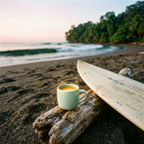 Coffee in a ceramic mug beside a surfboard on a quiet beach at sunrise, highlighting the clean, bright and balanced profile of Wonder Waves Coffee Surfer’s Swell Costa Rican coffee.