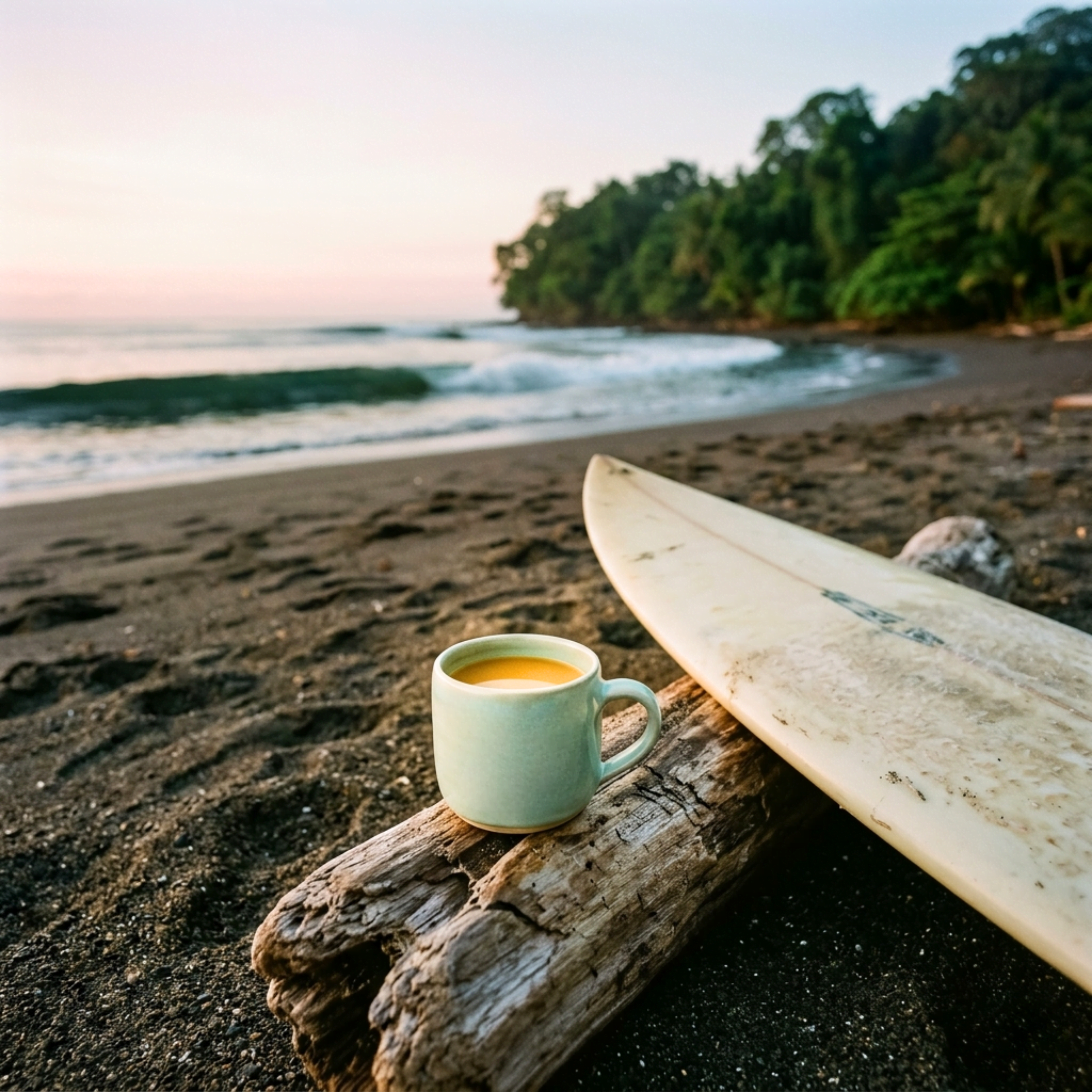 Coffee in a ceramic mug beside a surfboard on a quiet beach at sunrise, highlighting the clean, bright and balanced profile of Wonder Waves Coffee Surfer’s Swell Costa Rican coffee.