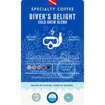 Product label for Diver’s Delight Cold Brew coffee, featuring a medium roast signature blend with chocolate and caramel notes, described as rounded, refreshing, and clean.