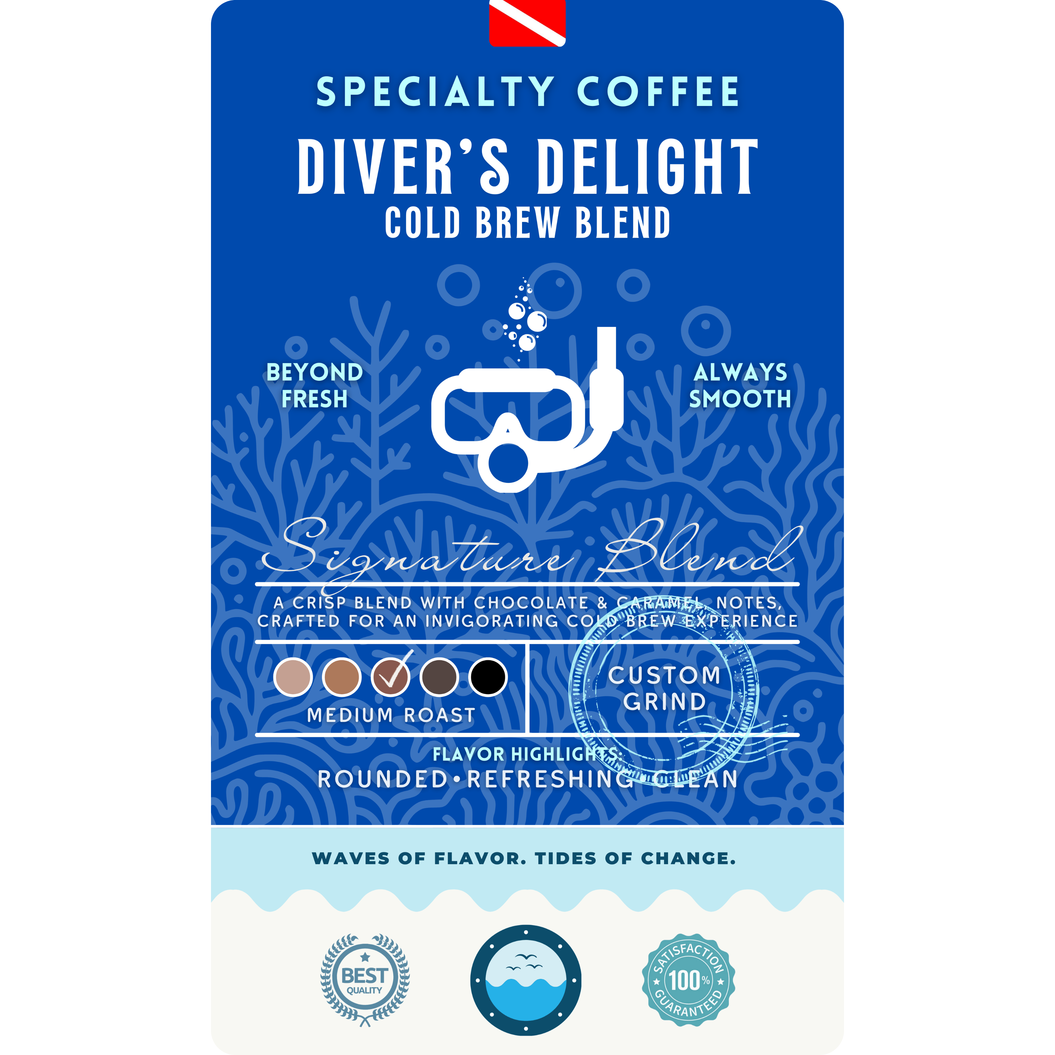 Product label for Diver’s Delight Cold Brew coffee, featuring a medium roast signature blend with chocolate and caramel notes, described as rounded, refreshing, and clean.