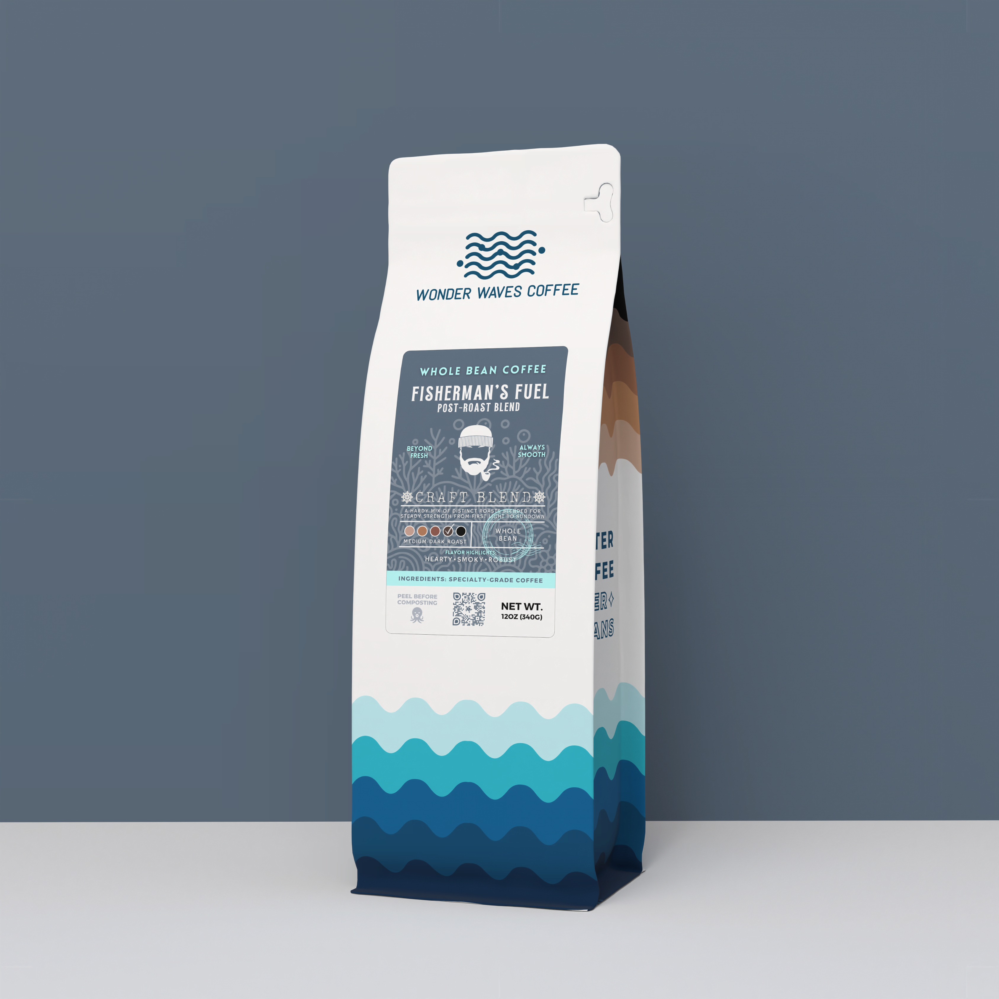 A 12-ounce bag of Wonder Waves Fisherman's Fuel Post-Roast Blend specialty coffee. The bag is white with a blue wave pattern, centered against a clean, charcoal-gray background. The dark blue label features an icon of a bearded fisherman with a pipe, indicating a medium-dark whole bean roast.