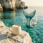 French vanilla coffee in a ceramic mug overlooking clear ocean water with splashing mermaid, evoking the smooth, creamy and lightly sweet profile of Wonder Waves Coffee Mermaid’s Melody flavored coffee.
