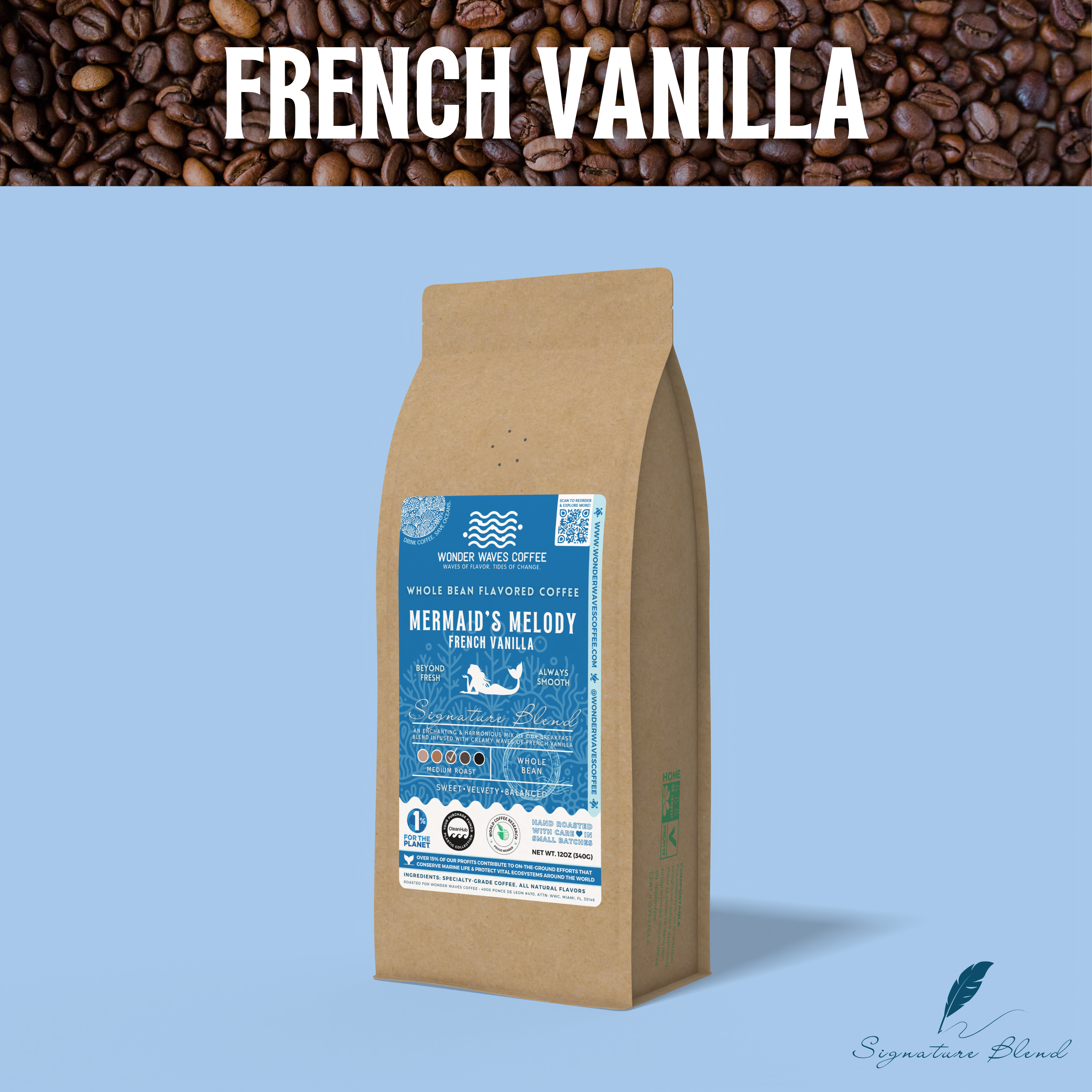 Mermaid's Melody French Vanilla Whole Bean Coffee bag by Wonder Waves Coffee, showcasing its sustainable packaging and soft blue colors