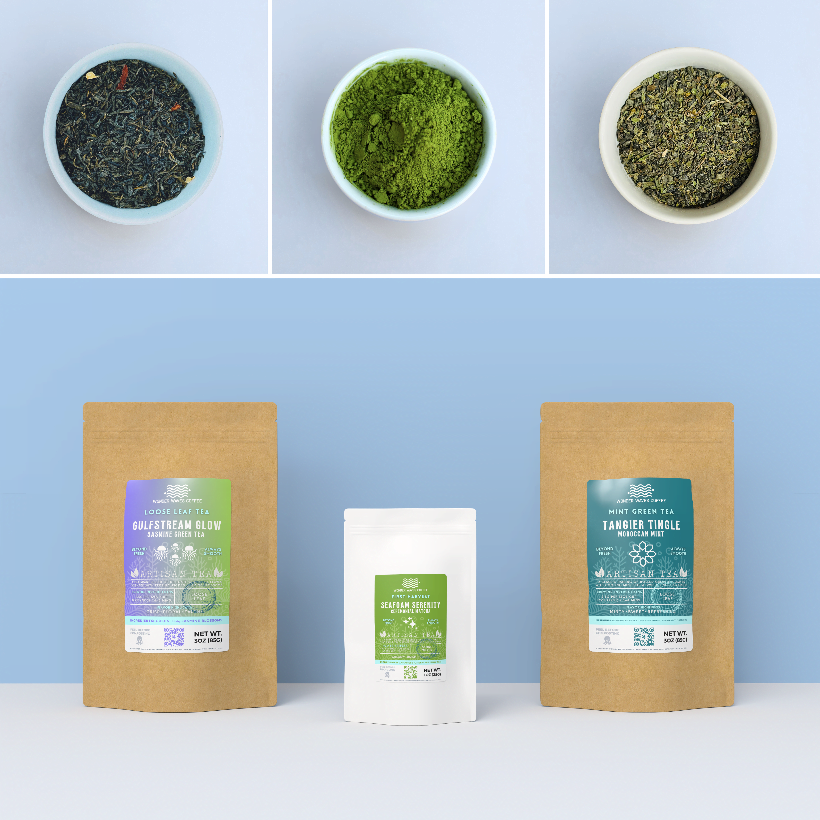 Wonder Waves Coffee Green Tea Trio 3-Pack: gulfstream glow jasmine green tea, seafoam serenity ceremonial matcha powder, and tangier tingle Moroccan mint green tea artisan loose-leaf bags with open bowls of jasmine tea, matcha powder, and mint leaves against a light blue background.
