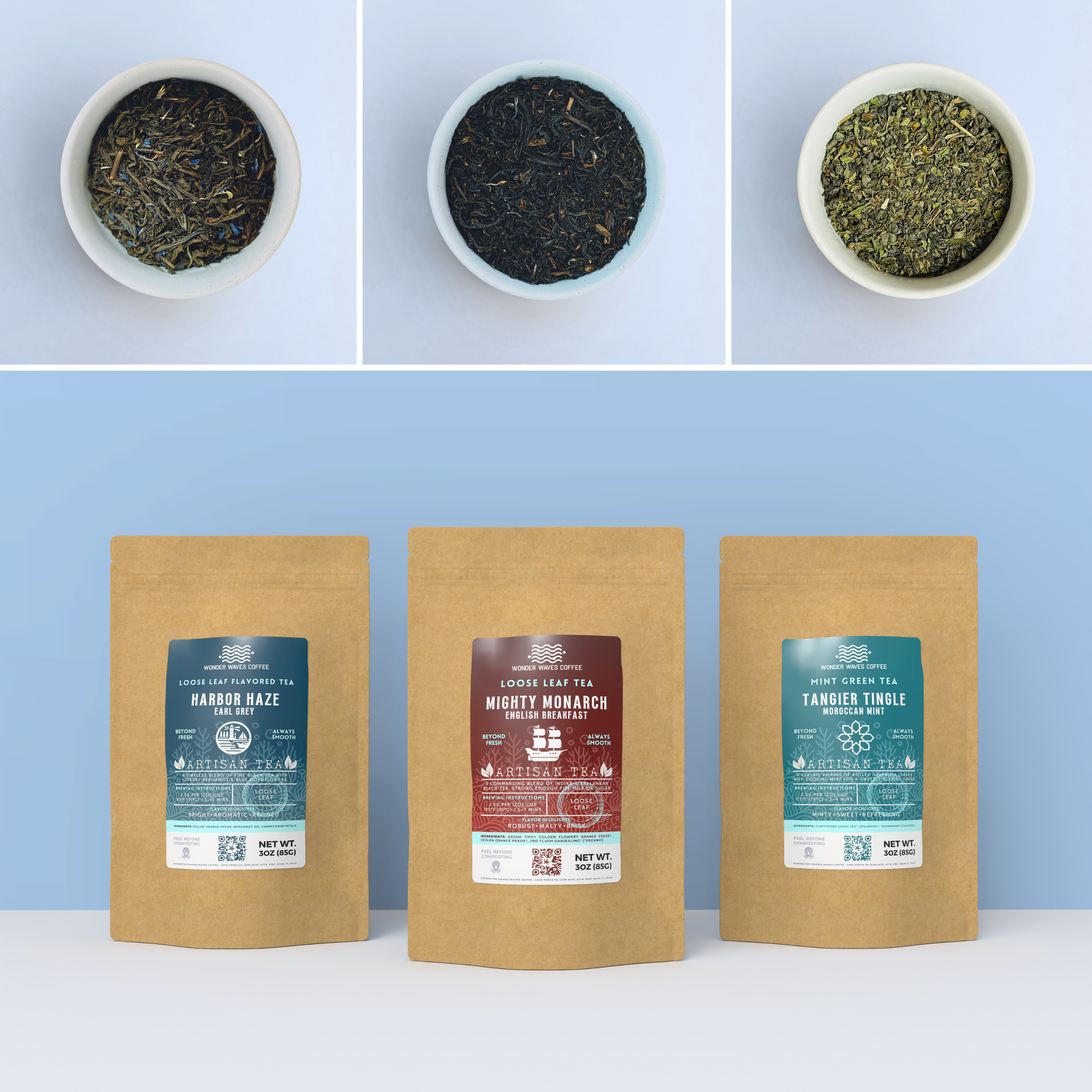 Wonder Waves Coffee Morning Trio 3-Pack: mighty monarch English breakfast, harbor haze earl grey, and sassy seagull masala chai artisan loose-leaf tea bags with open bowls of tea leaves against a light blue background.