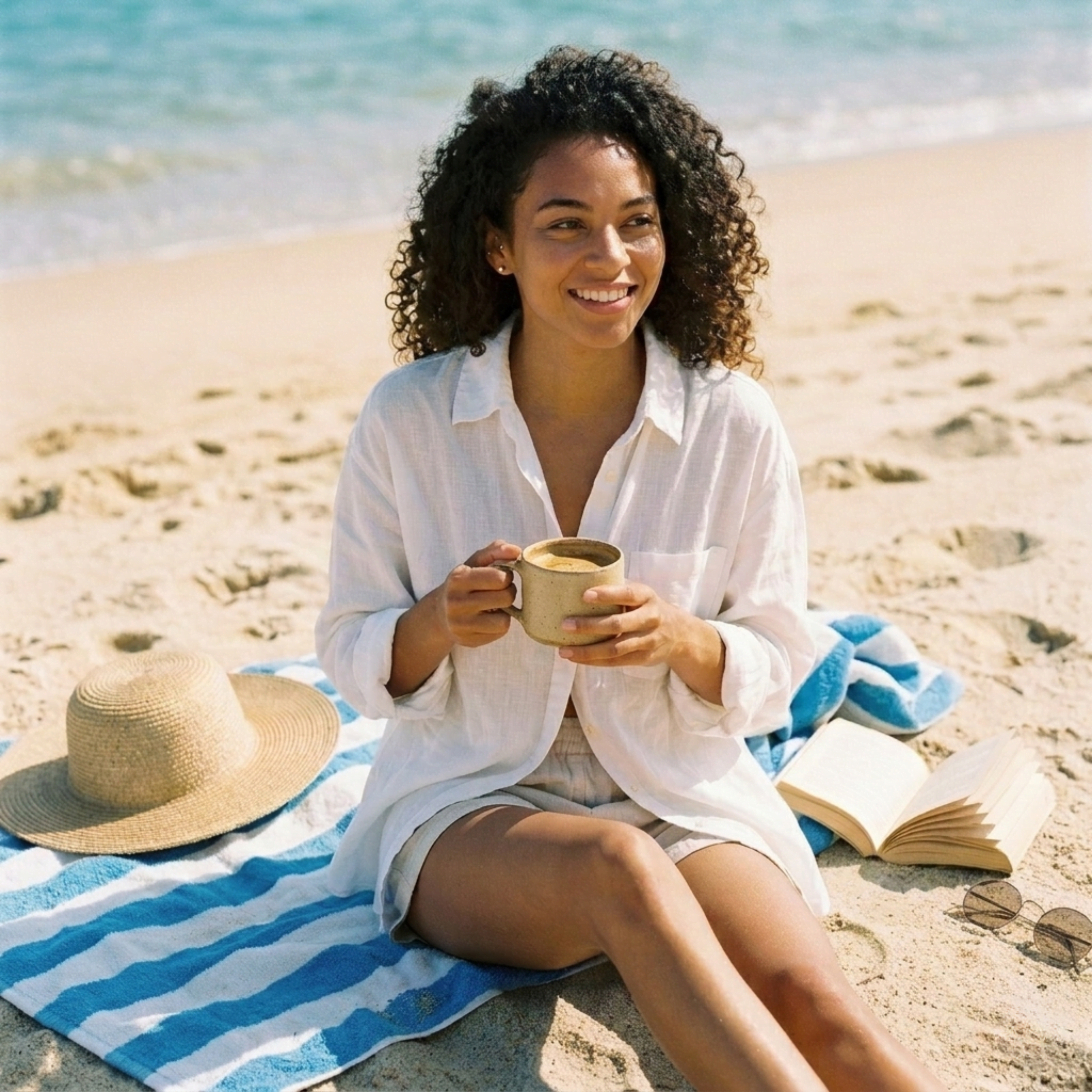 Woman enjoying Wonder Waves Coffee hazelnut coffee on a sunny beach, capturing the smooth, comforting and lightly sweet character of Seabreeze Sizzle flavored coffee.