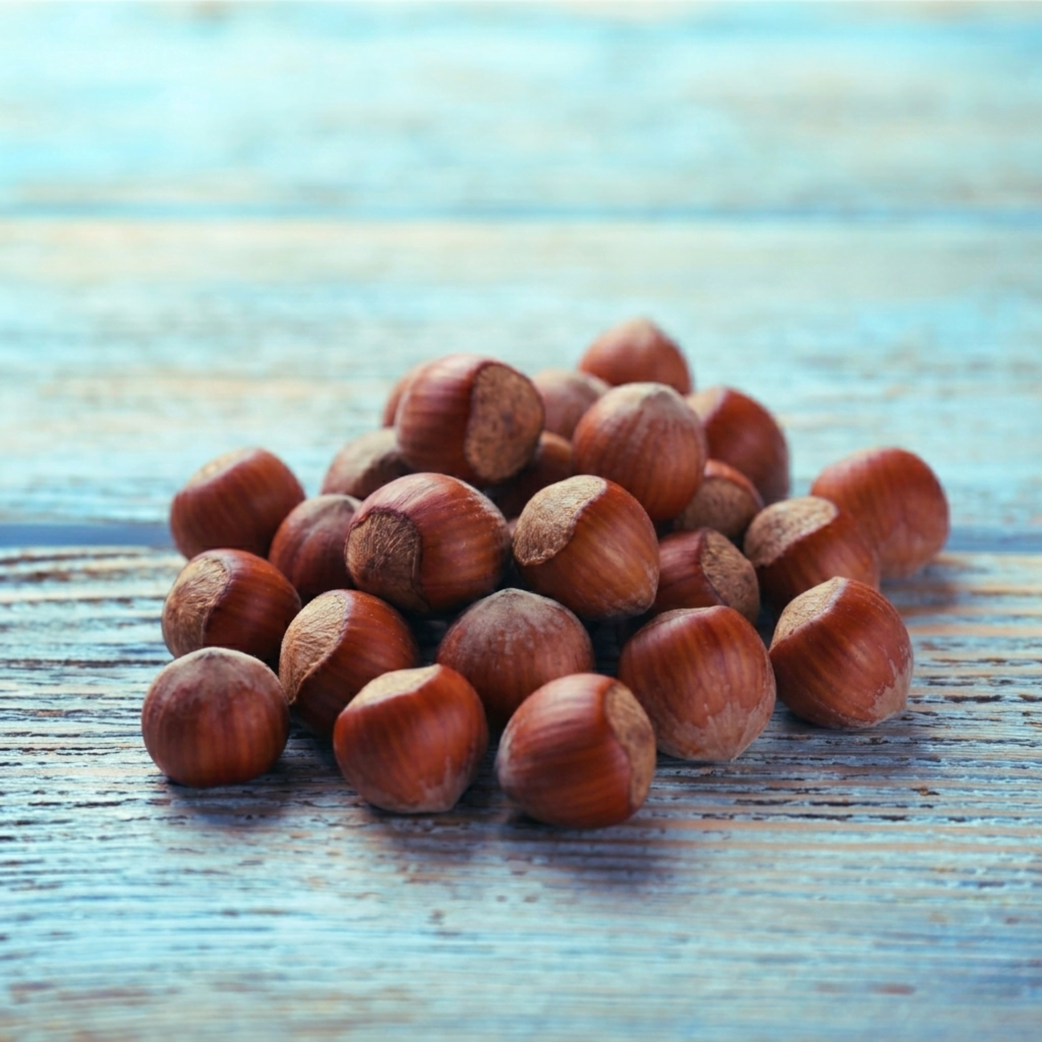 Whole hazelnuts on a rustic wooden surface highlighting the warm, nutty flavor notes of Wonder Waves Coffee Seabreeze Sizzle hazelnut flavored coffee.