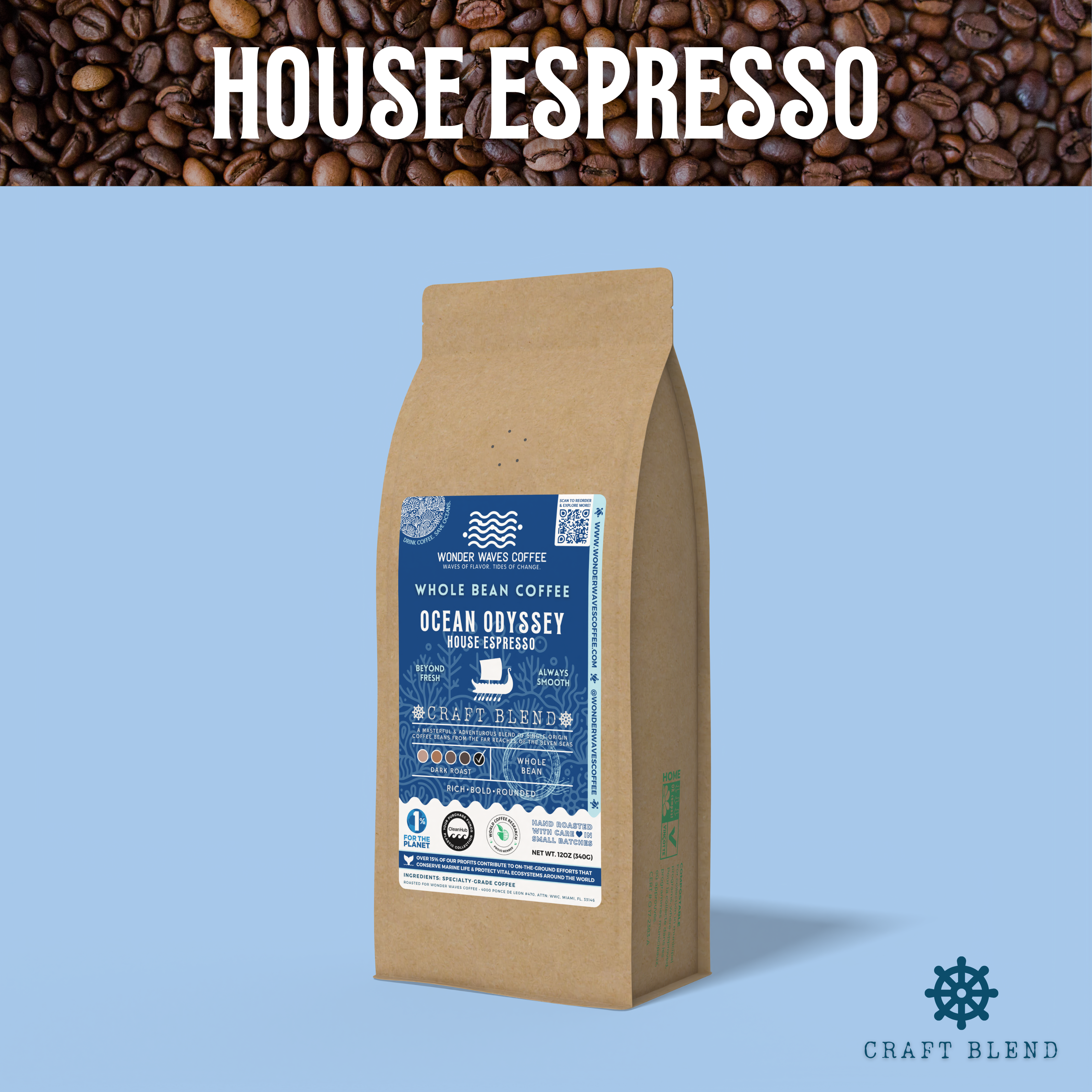 Wonder Waves Coffee house espresso blend labeled "Ocean Odyssey" with a blue ocean-inspired background and eco-friendly packaging