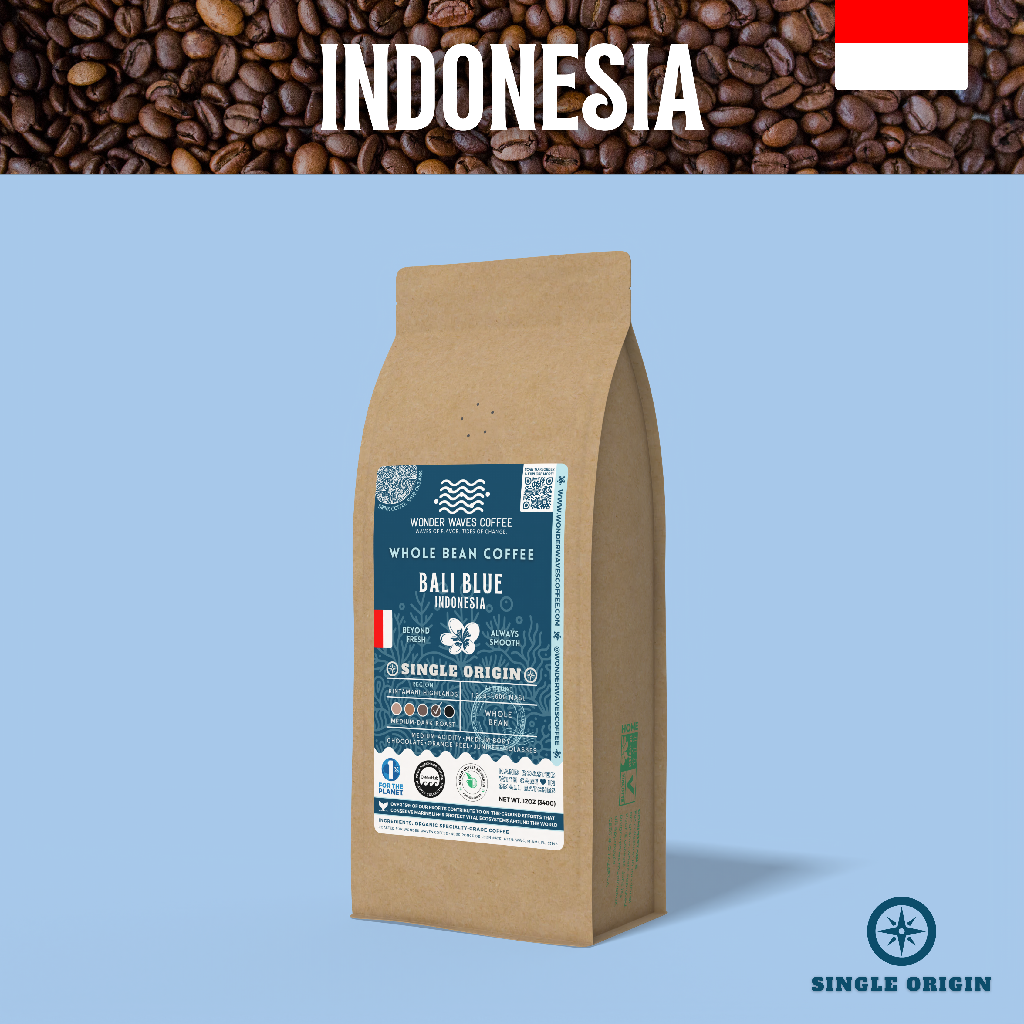 Wonder Waves Coffee whole bean bag featuring Bali Blue from Indonesia with a vibrant blue background and eco-conscious design