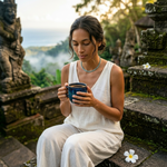 Woman enjoying coffee at a serene Balinese temple overlooking lush jungle, reflecting the smooth, earthy and grounded character of Wonder Waves Coffee Bali Blue Indonesian single origin coffee.