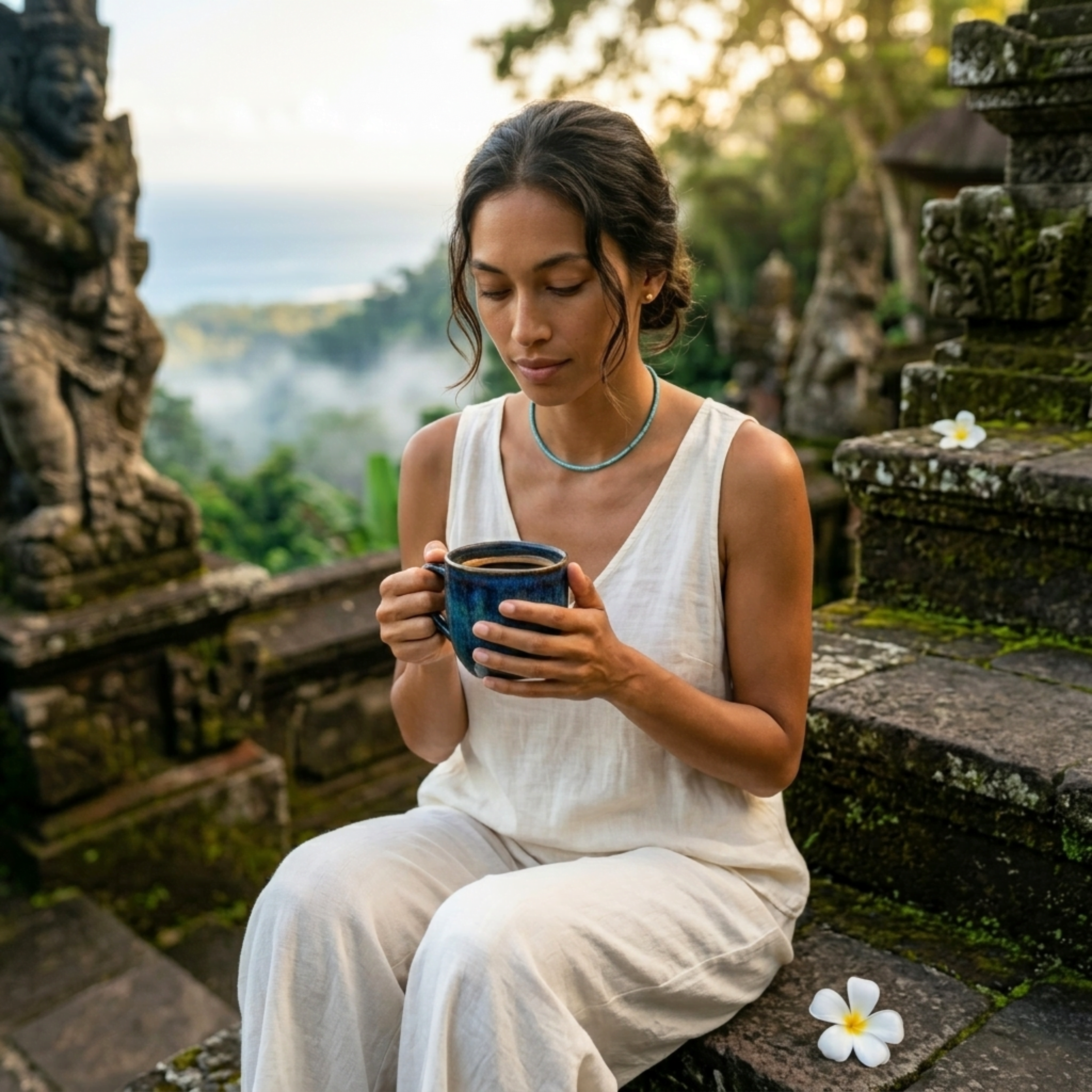 Woman enjoying coffee at a serene Balinese temple overlooking lush jungle, reflecting the smooth, earthy and grounded character of Wonder Waves Coffee Bali Blue Indonesian single origin coffee.