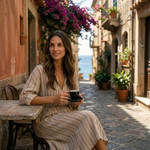 Woman enjoying Italian roast espresso at an outdoor café on a coastal European street, capturing the relaxed, refined lifestyle behind Marea Magnifica dark roast coffee by Wonder Waves Coffee.