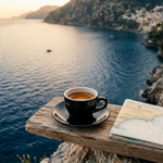 Wonder Waves Coffee Italian roast espresso served on a rustic wooden ledge overlooking the ocean, evoking bold flavor and coastal inspiration behind Marea Magnifica dark roast specialty coffee.