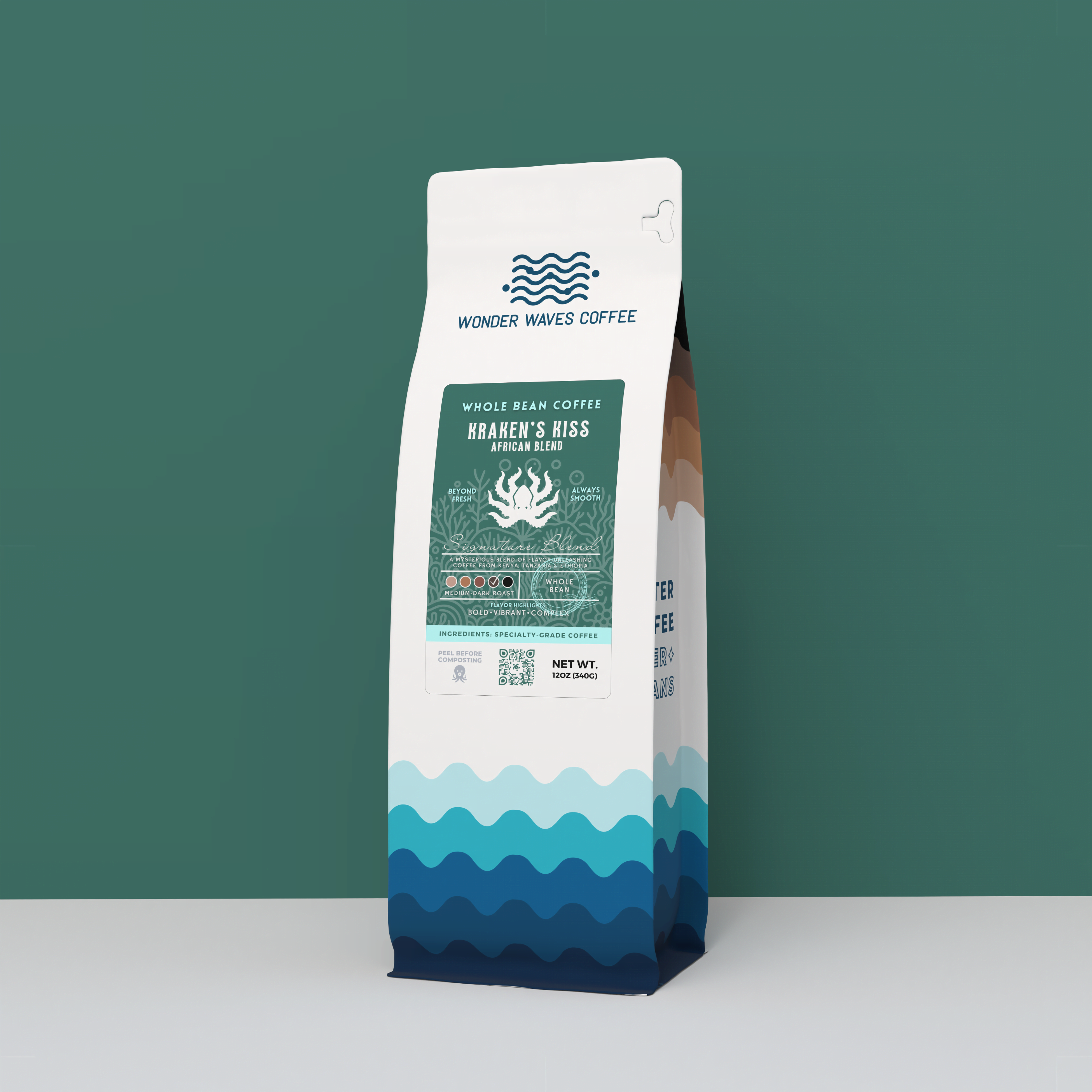 Wonder Waves Coffee Kraken’s Kiss African Blend 12oz bag, featuring a medium-dark roast whole bean coffee with a teal ocean-themed design and octopus logo.