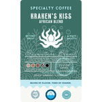 Product label for Wonder Waves Coffee Kraken’s Kiss African Blend specialty coffee, a signature blend of Kenya, Tanzania, and Ethiopia beans with bold, vibrant, and complex flavor notes.