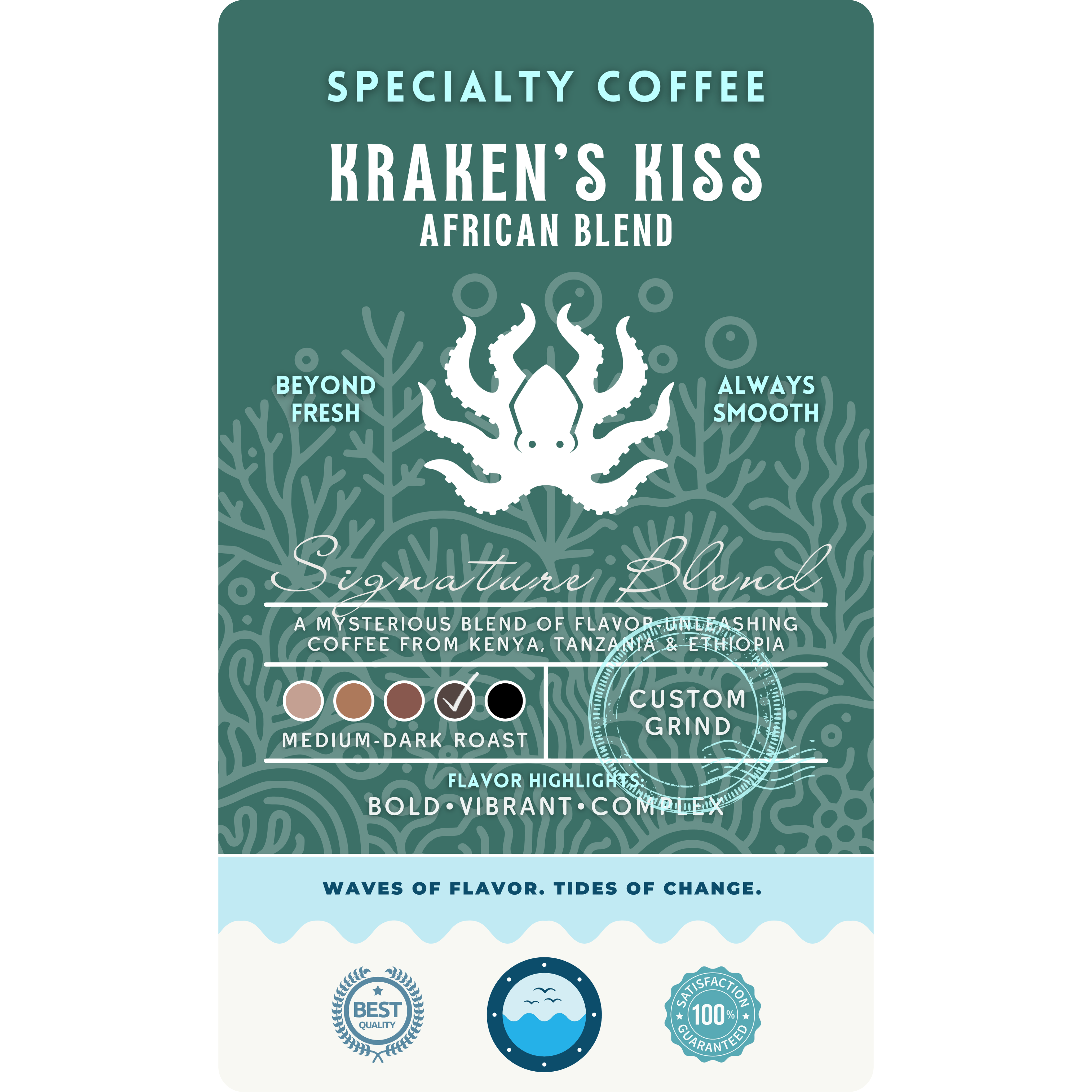 Product label for Wonder Waves Coffee Kraken’s Kiss African Blend specialty coffee, a signature blend of Kenya, Tanzania, and Ethiopia beans with bold, vibrant, and complex flavor notes.