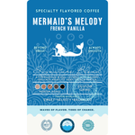 Product label for Wonder Waves Coffee Mermaid’s Melody French Vanilla specialty flavored coffee, a harmonious medium roast blend with creamy, silky waves of flavor and a sweet, velvety finish.
