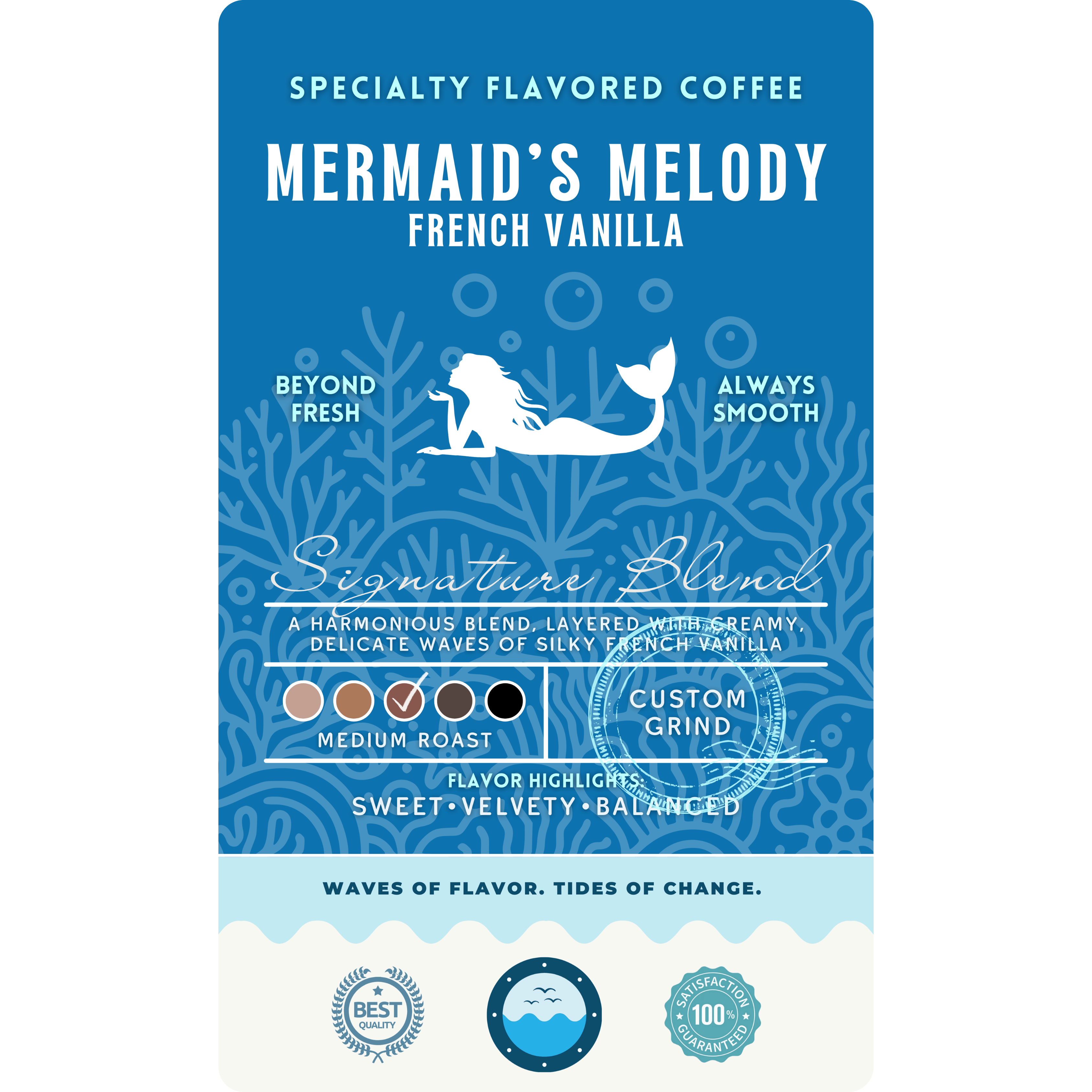 Product label for Wonder Waves Coffee Mermaid’s Melody French Vanilla specialty flavored coffee, a harmonious medium roast blend with creamy, silky waves of flavor and a sweet, velvety finish.