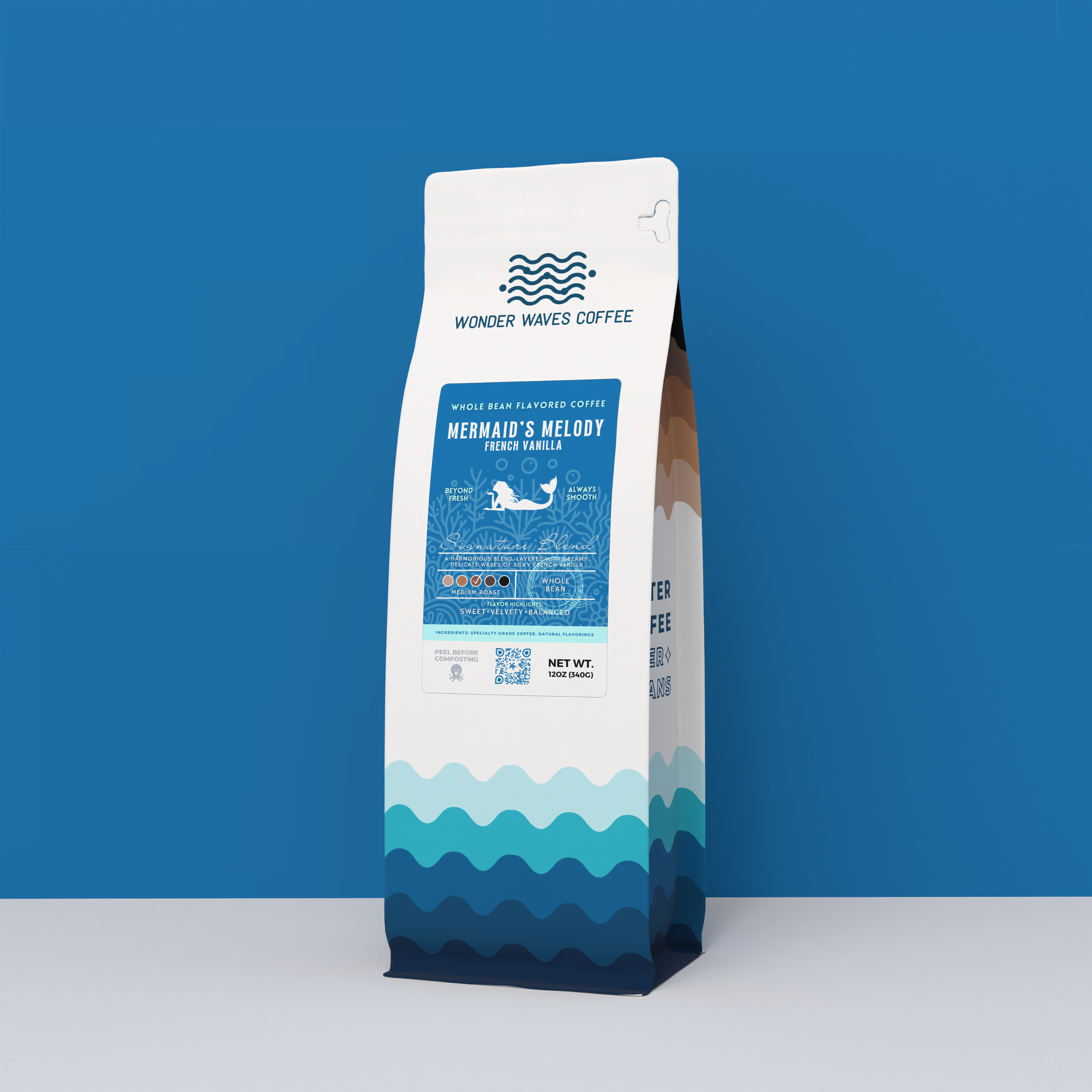 Wonder Waves Coffee Mermaid’s Melody French Vanilla flavored coffee 12oz bag with a cerulean blue ocean design and mermaid icon.