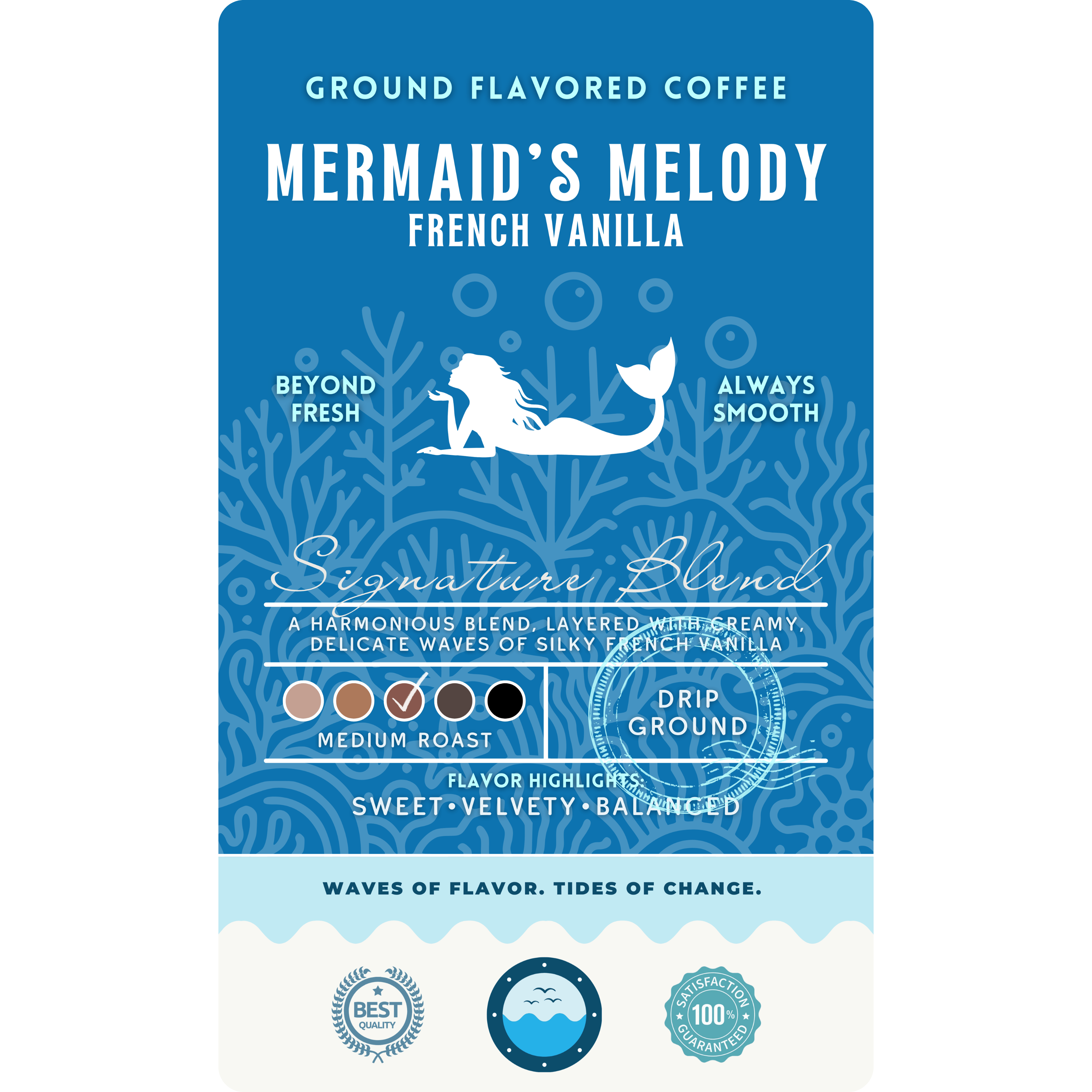 Product label for "Mermaid’s Melody" French Vanilla ground flavored coffee. The design shows a white silhouette of a mermaid against a medium-blue coral pattern. It is described as a medium roast signature blend with sweet, velvety, and balanced flavor notes.