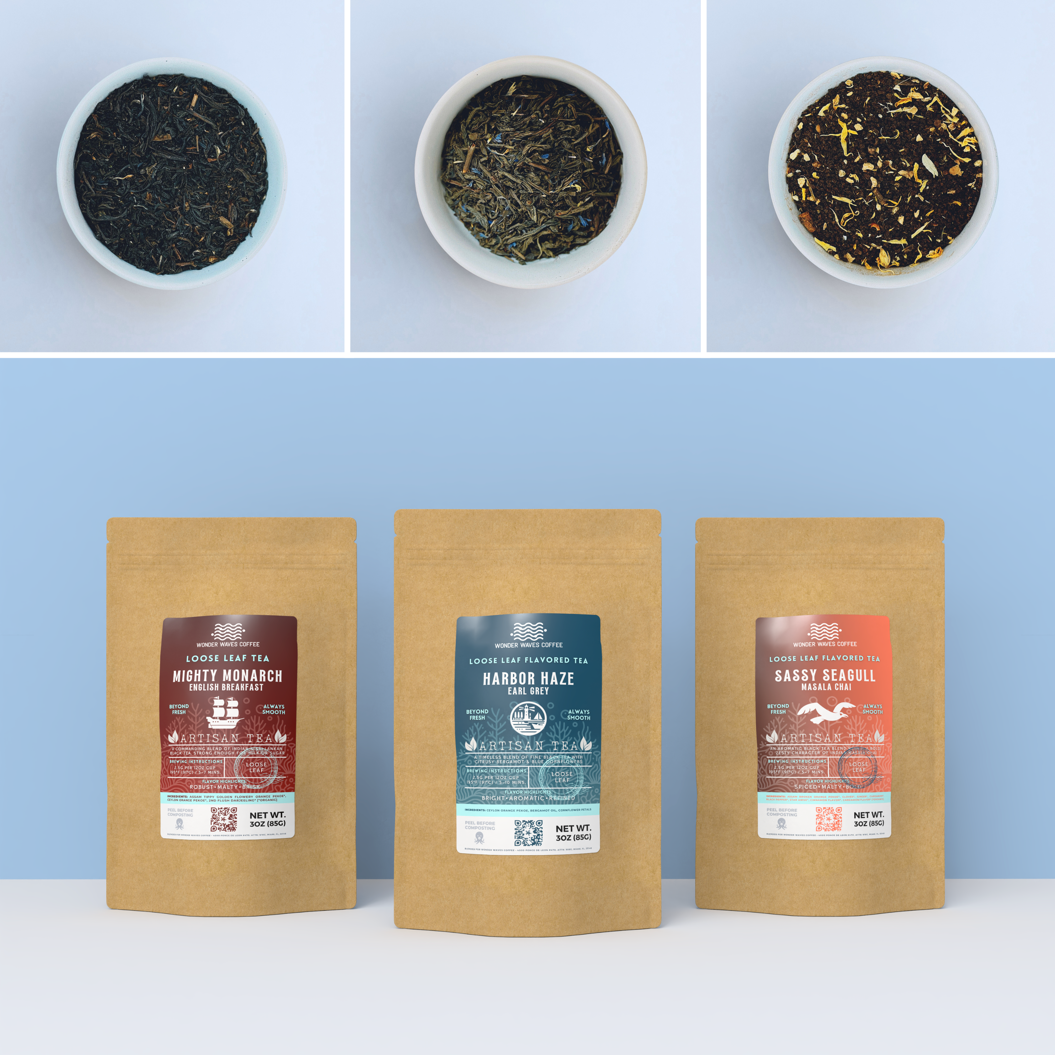 Wonder Waves Coffee All-Day Trio 3-Pack: harbor haze earl grey, mighty monarch English breakfast, and tangier tingle Moroccan mint green tea artisan loose-leaf bags with open bowls of tea leaves against a light blue background.